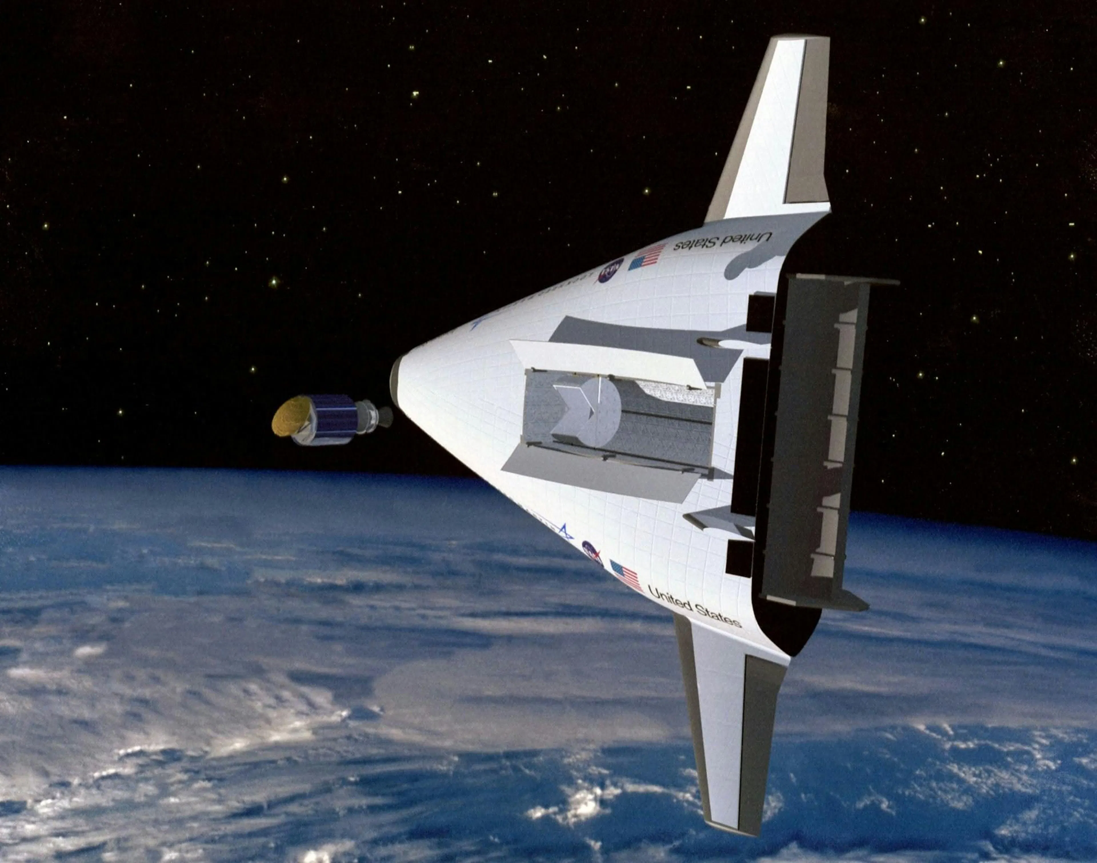 Rendering of the VentureStar single-stage-to-orbit spaceplane in orbit above Earth