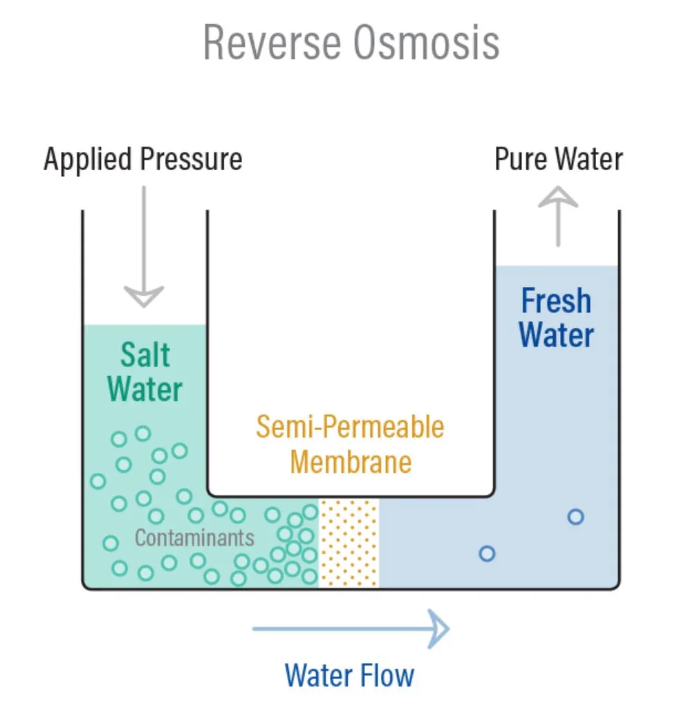 Diagram of reverse osmosis, applied pressure forcing water from the salt side through the membrane to yield pure water