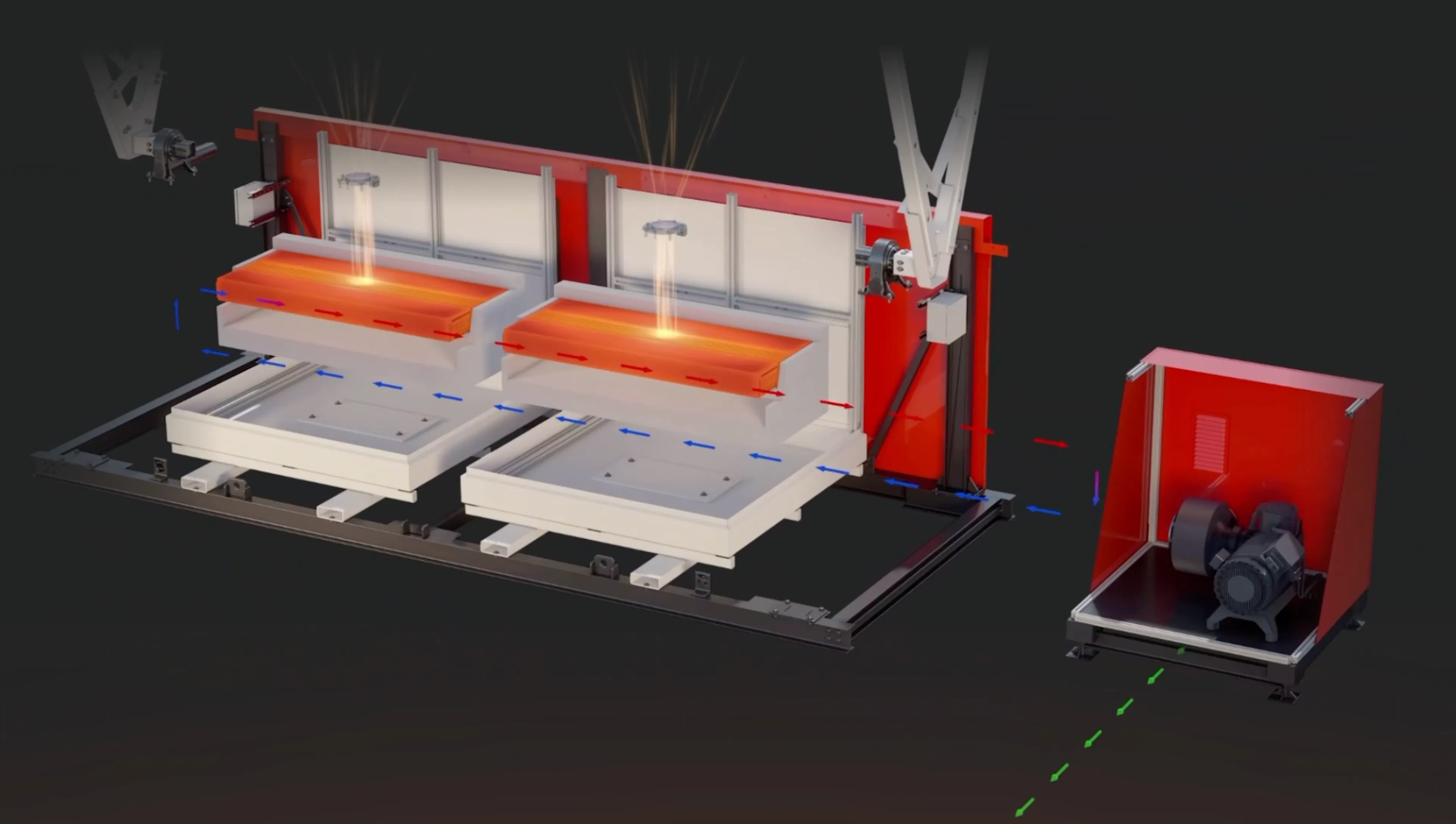 Rendering of the P3's dispatch stage, with heated air carried from the thermal batteries to a heat engine and generator in a separate enclosure