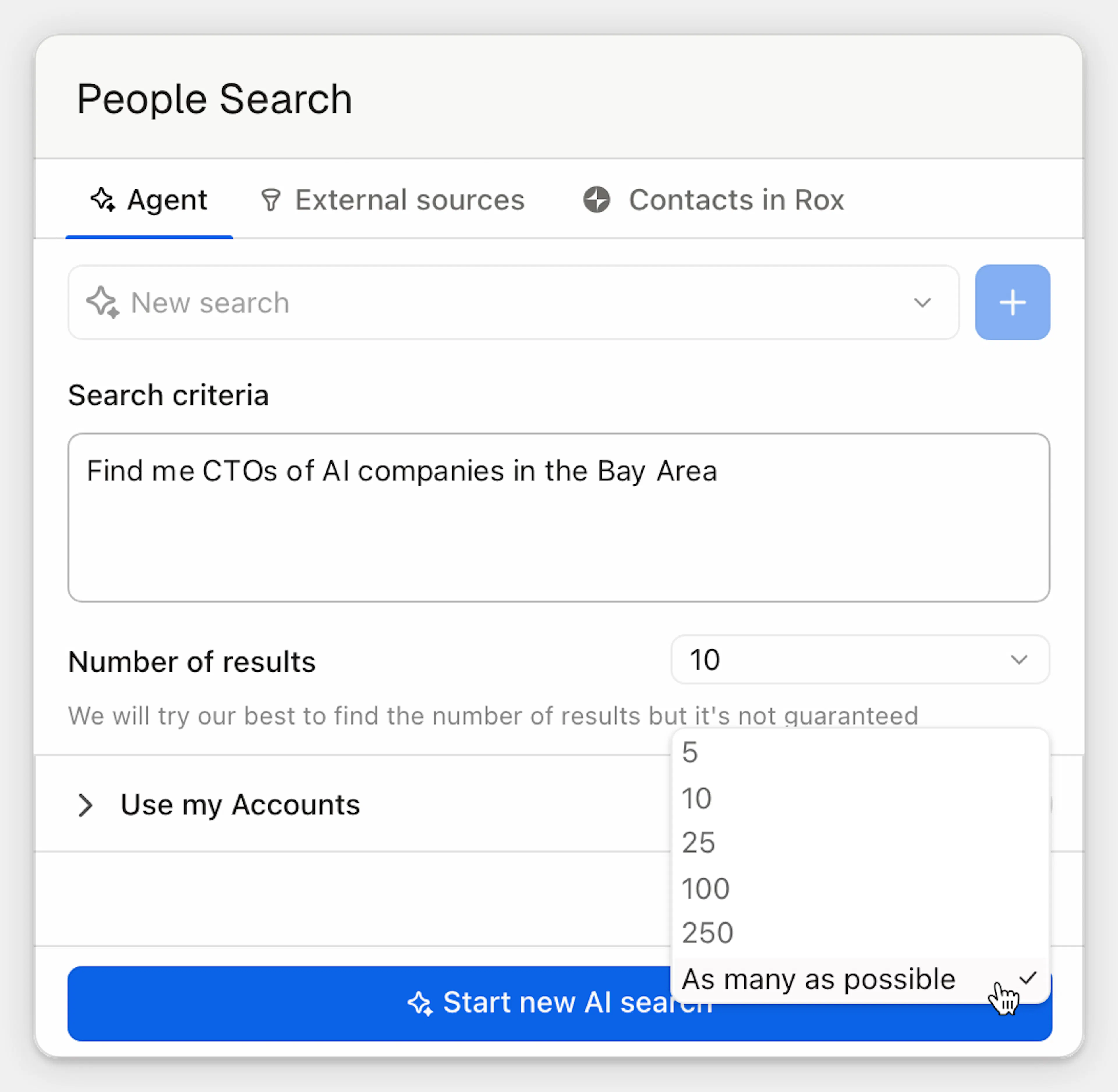 The Rox Outbound Agent's People Search panel, where a seller describes target buyers in plain language, chooses how many results to return, and launches an AI search across the web, external sources, and contacts already in Rox