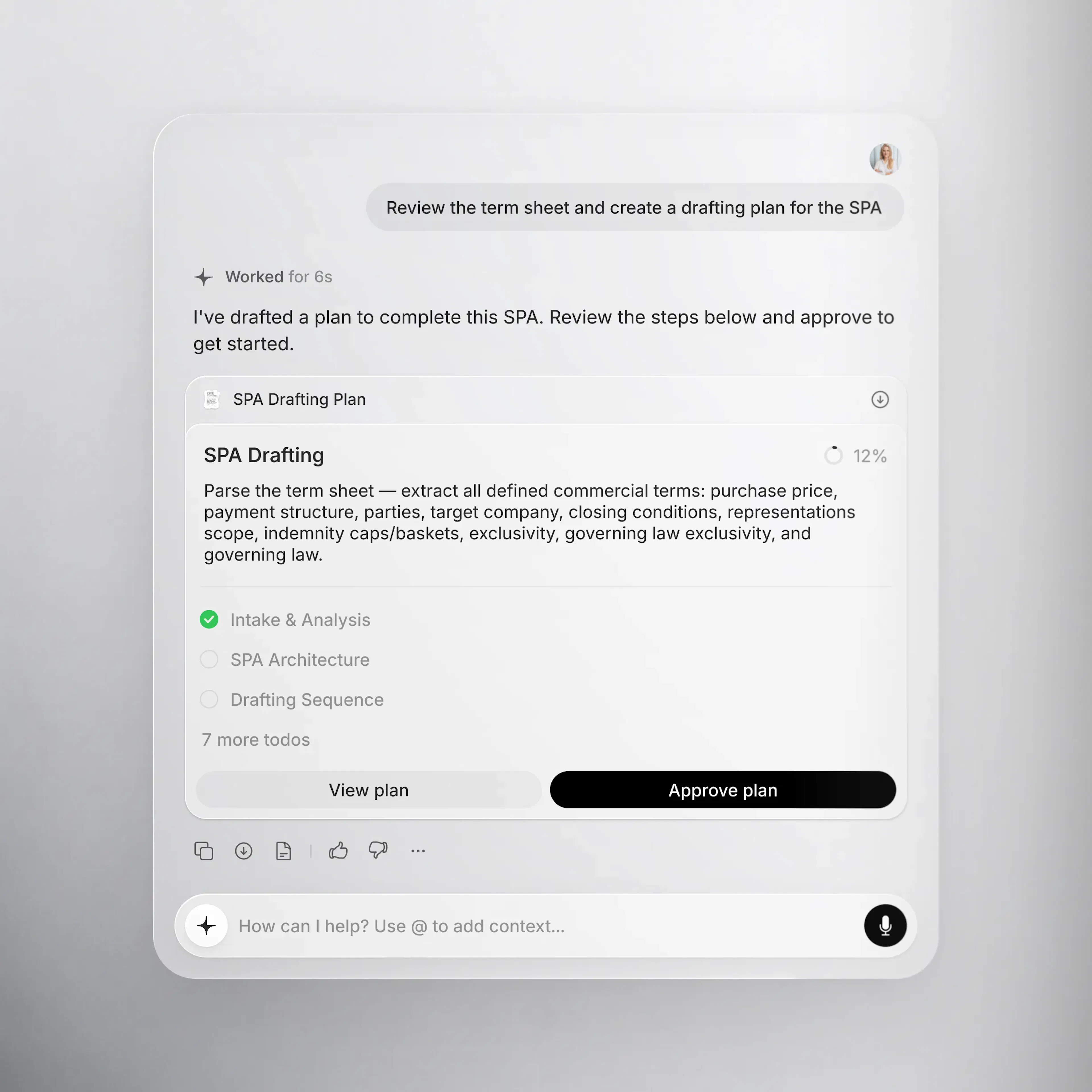 Legora's Agent answering the prompt "Review the term sheet and create a drafting plan for the SPA" with a generated SPA drafting plan broken into steps, shown 12% complete alongside View plan and Approve plan buttons