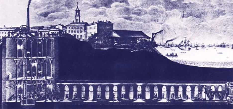 Cyanotype-style cutaway of the Thames Tunnel, the shield advancing while arched brickwork is laid behind