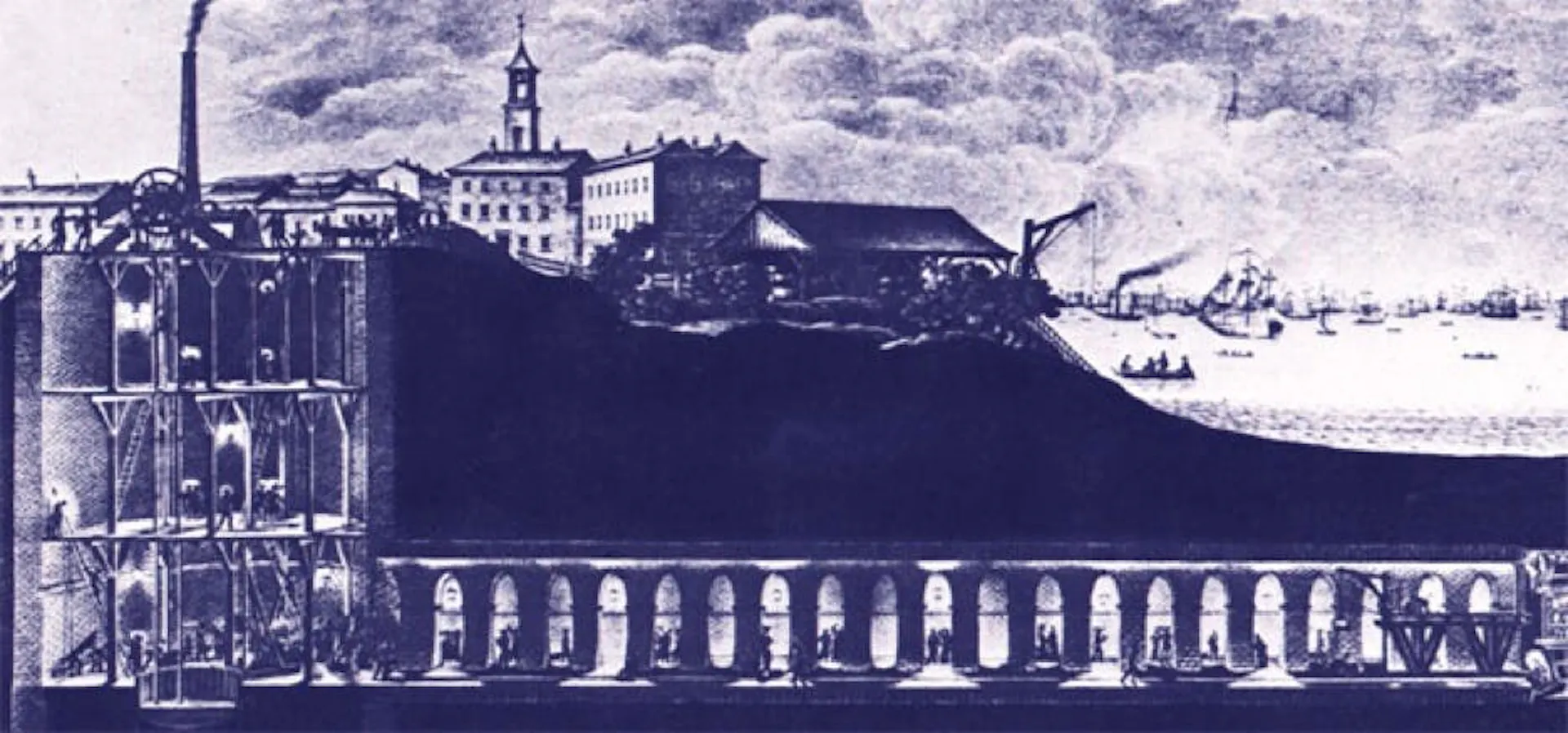 Cyanotype-style cutaway of the Thames Tunnel, the shield advancing while arched brickwork is laid behind