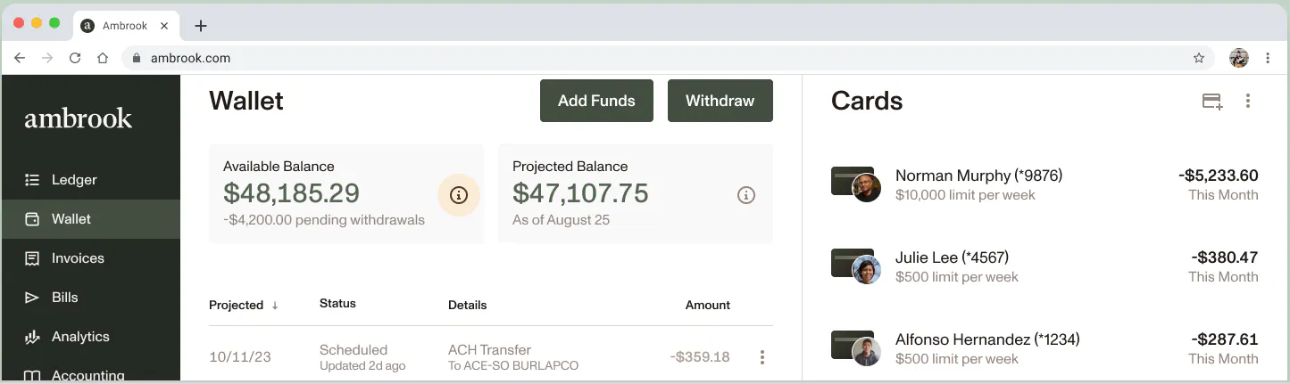 Ambrook's Wallet account information screen showing the account and routing numbers for a business account and its balance.