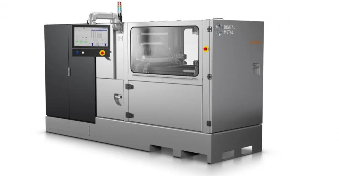 Photograph of a modern industrial metal binder-jetting 3D printer