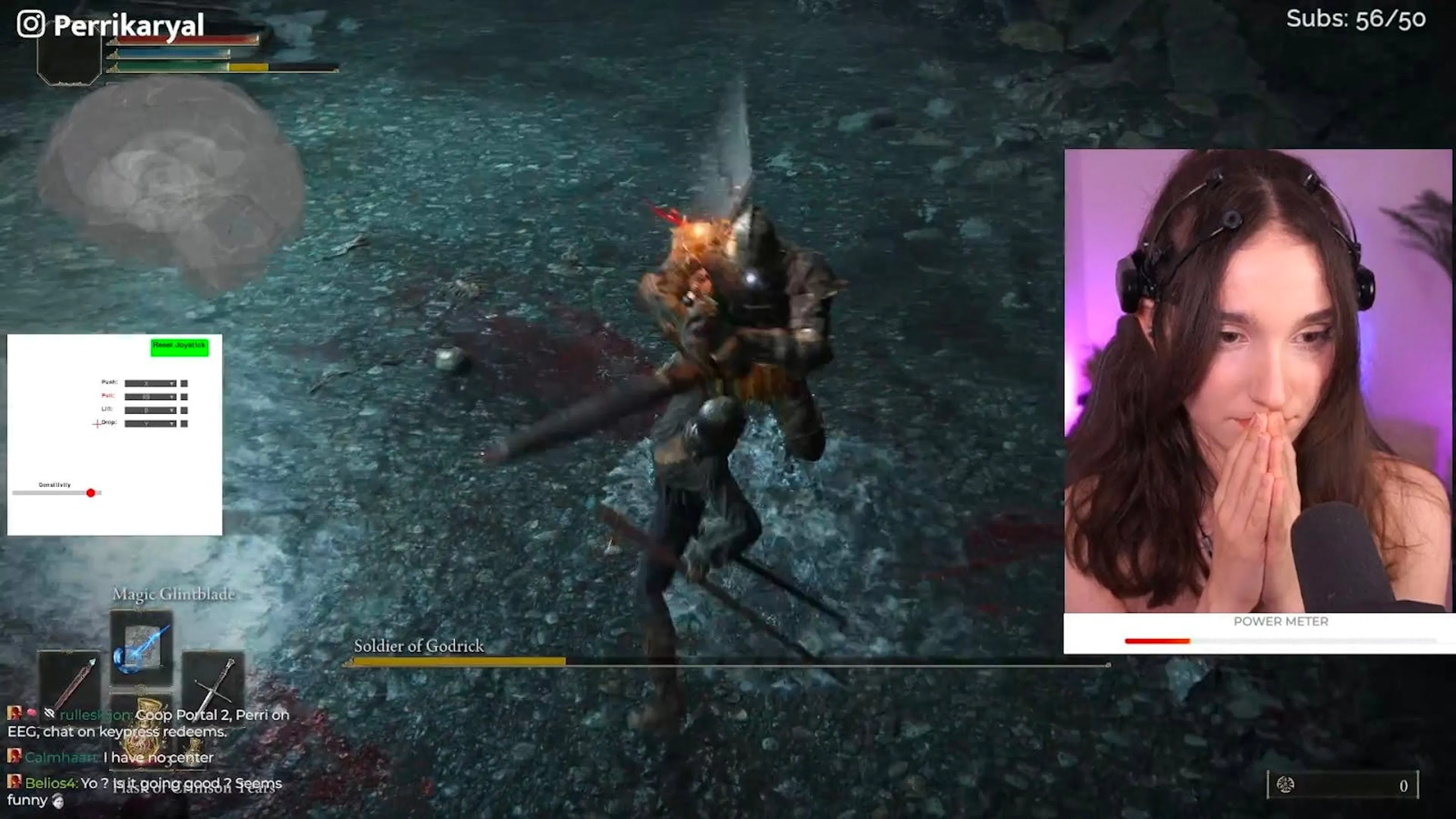 Screenshot of a game streamer controlling play through an EEG headset, with a live signal readout beside the game window