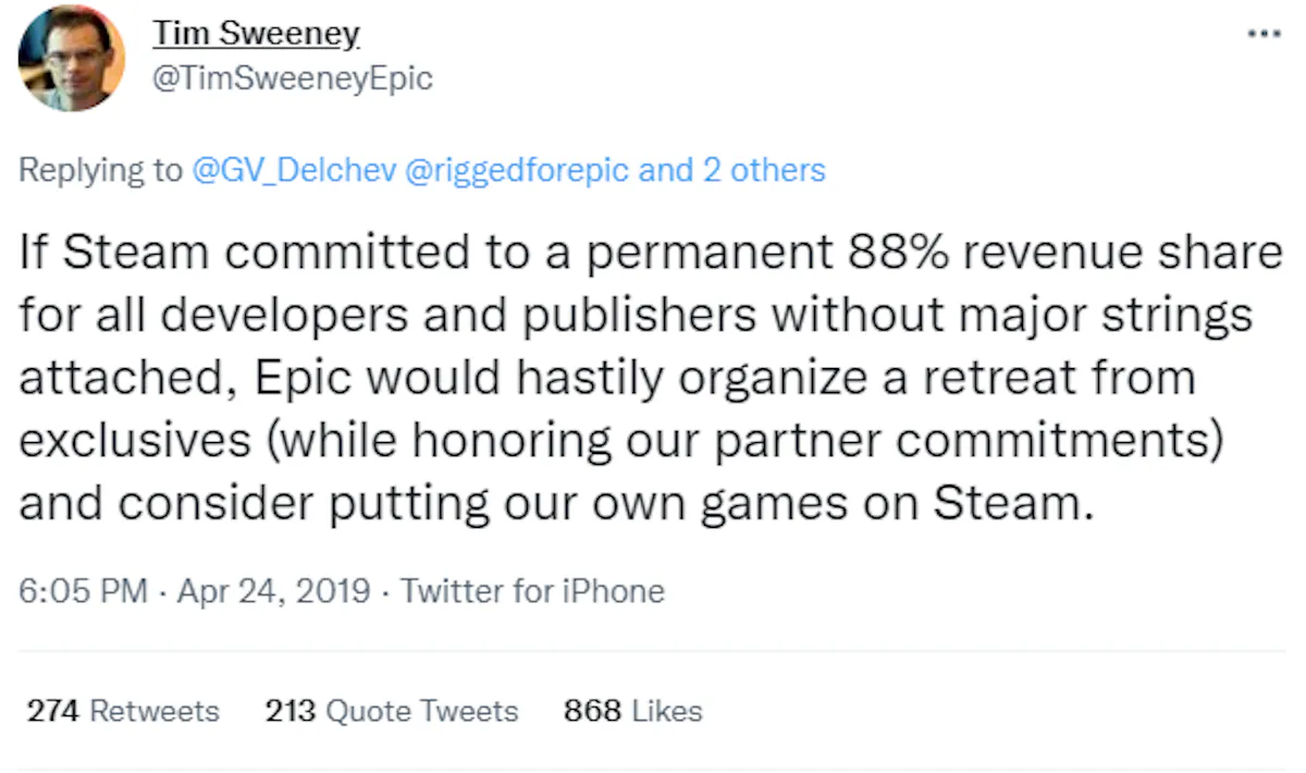 Tim Sweeney post about Steam lowering it's revenue cut
