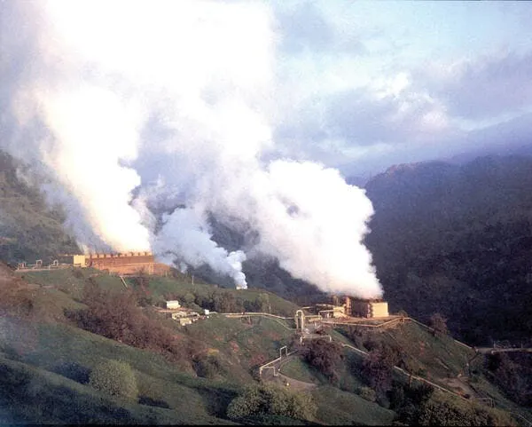 Photograph of steam plumes venting from geothermal wells across forested hills at The Geysers field