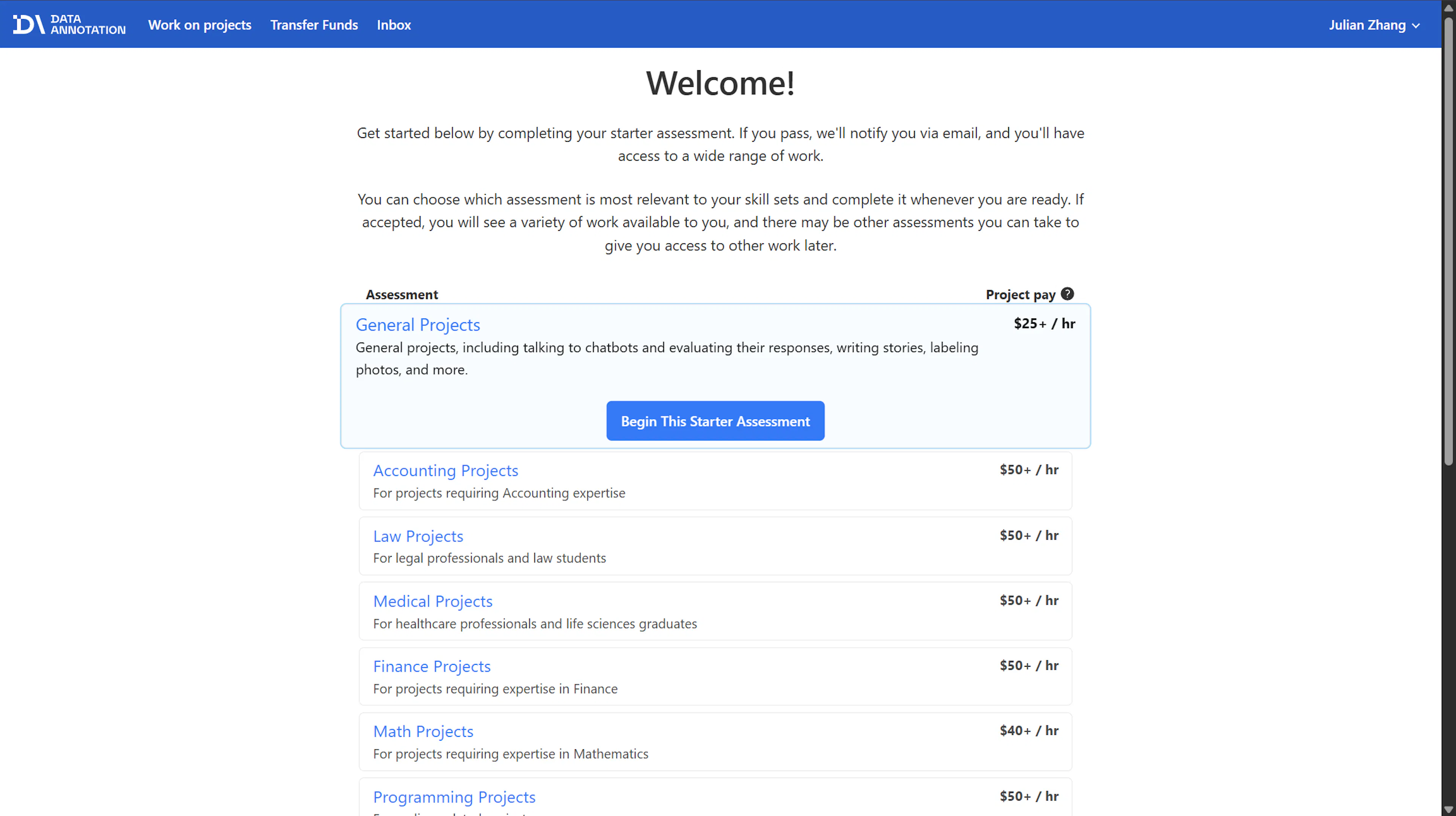 Data Annotation's assessment dashboard listing starter assessments and their advertised project pay rates by domain