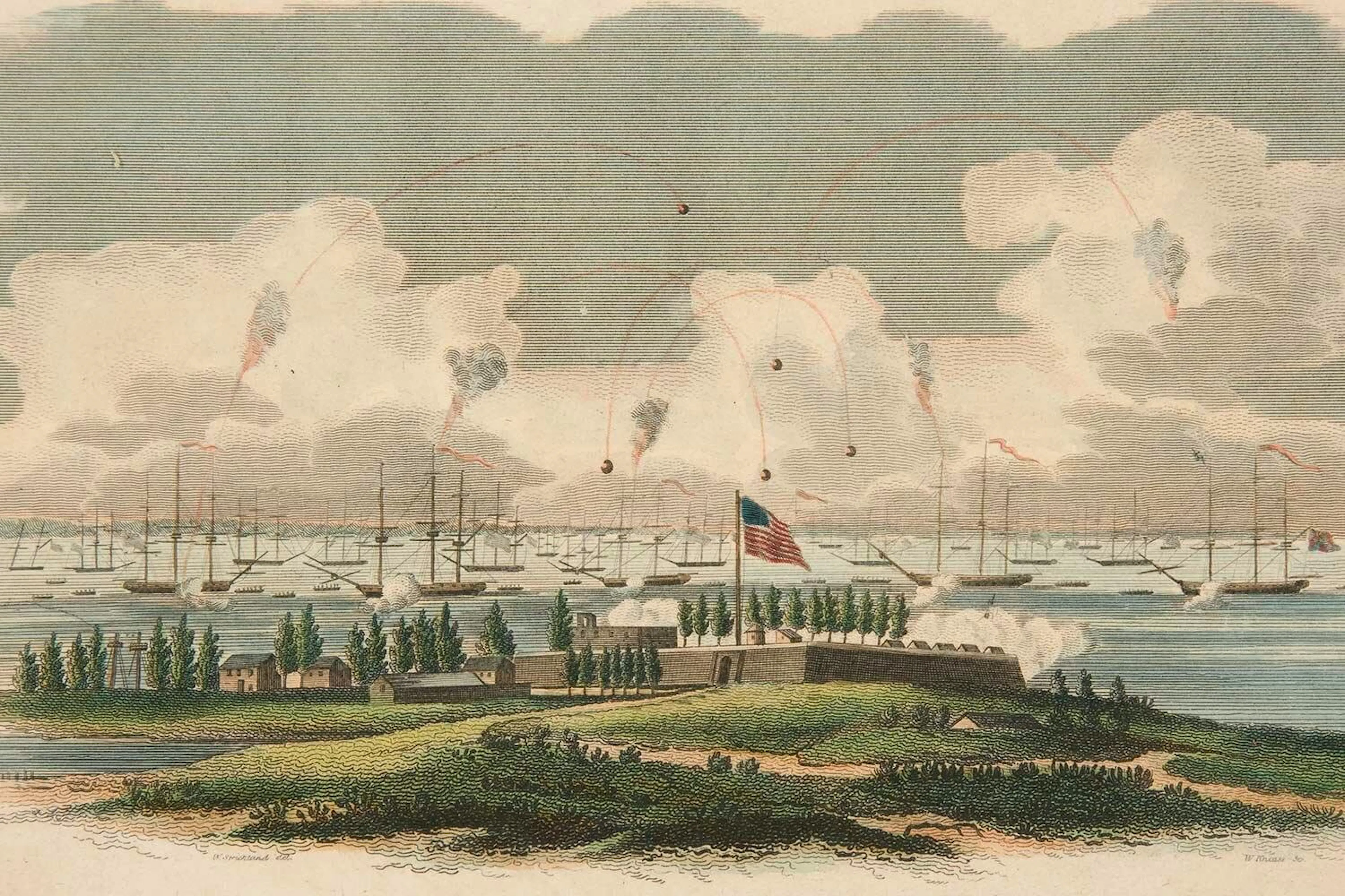 Period print of the bombardment of Fort McHenry, Congreve rockets arcing over the harbour toward the flag