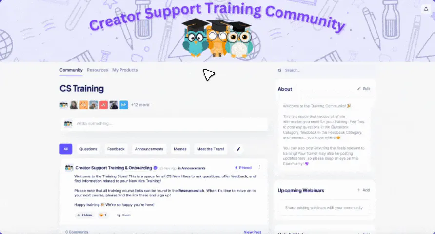 Stan's community settings, where a creator organizes member discussions into categories.