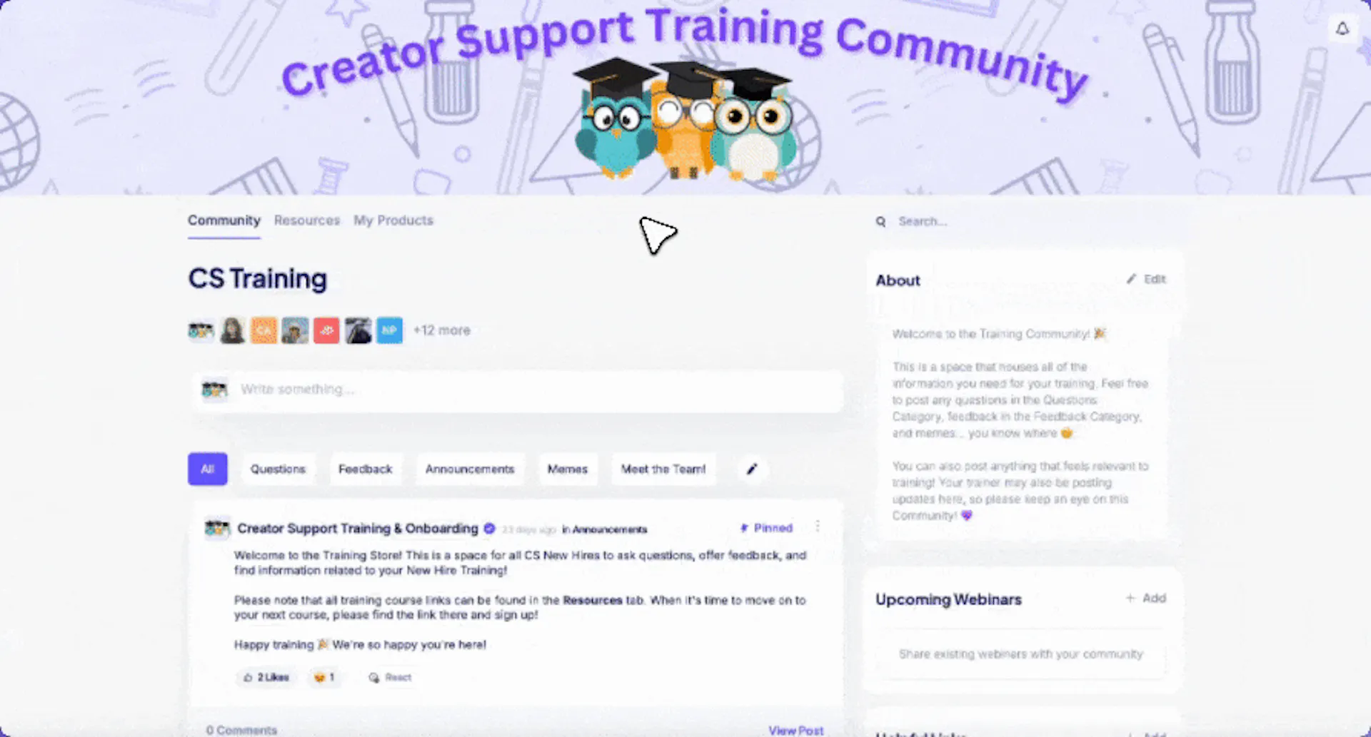 Stan's community settings, where a creator organizes member discussions into categories.