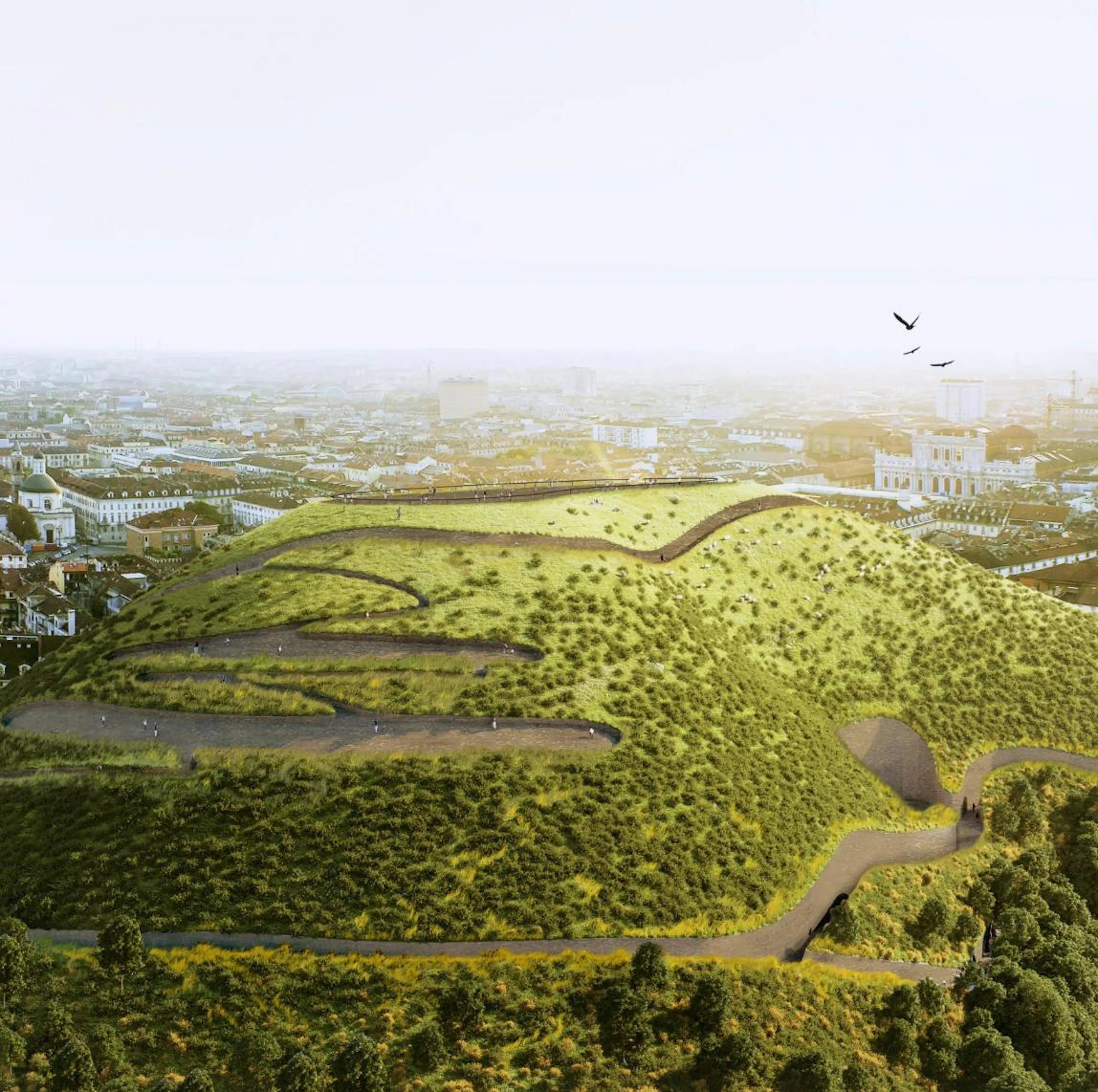 Rendering of a green landscaped cap over a former landfill above a city skyline