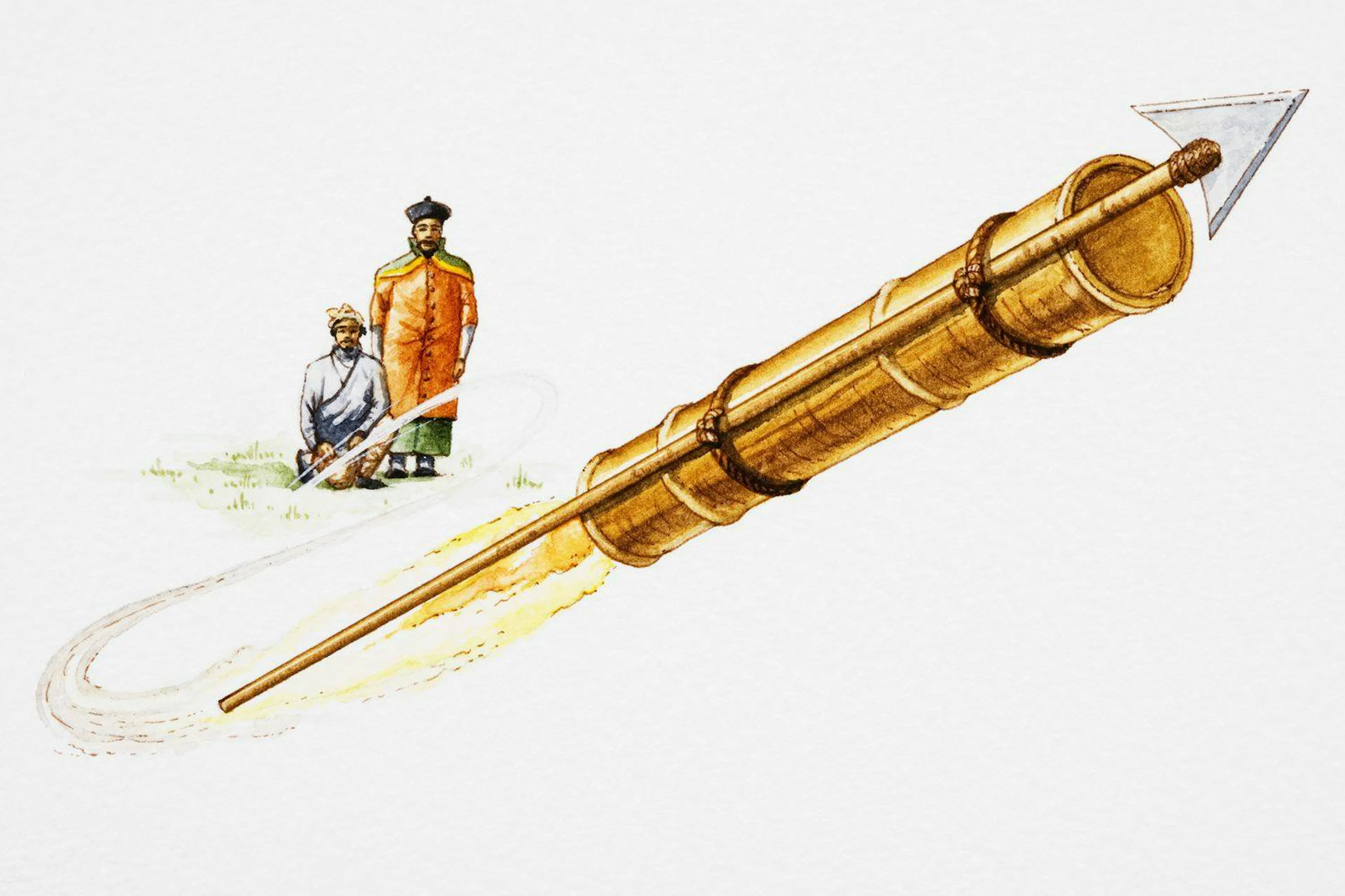 Illustration of an early Chinese gunpowder rocket, a bamboo tube on an arrow shaft trailing flame past two soldiers
