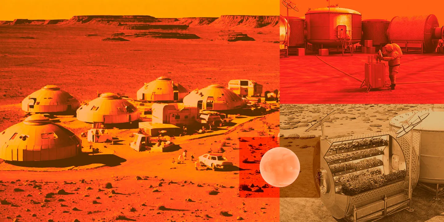 Composite of Mars base concepts: domed habitats, surface equipment and an interior hydroponic growing rack