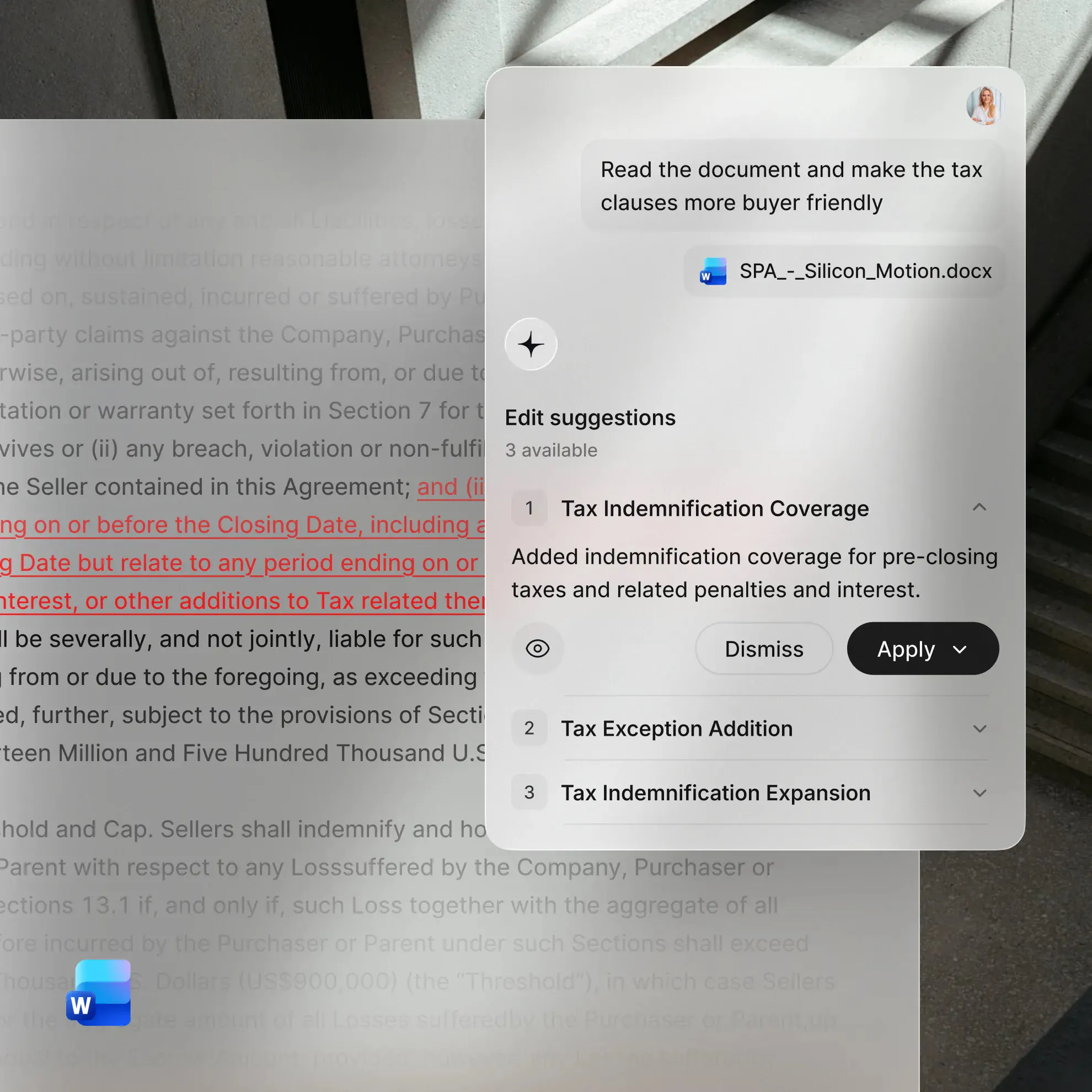 Legora's add-in running inside Microsoft Word on a share purchase agreement, asked to make the tax clauses more buyer friendly, showing three edit suggestions and tracked redlines with Dismiss and Apply controls