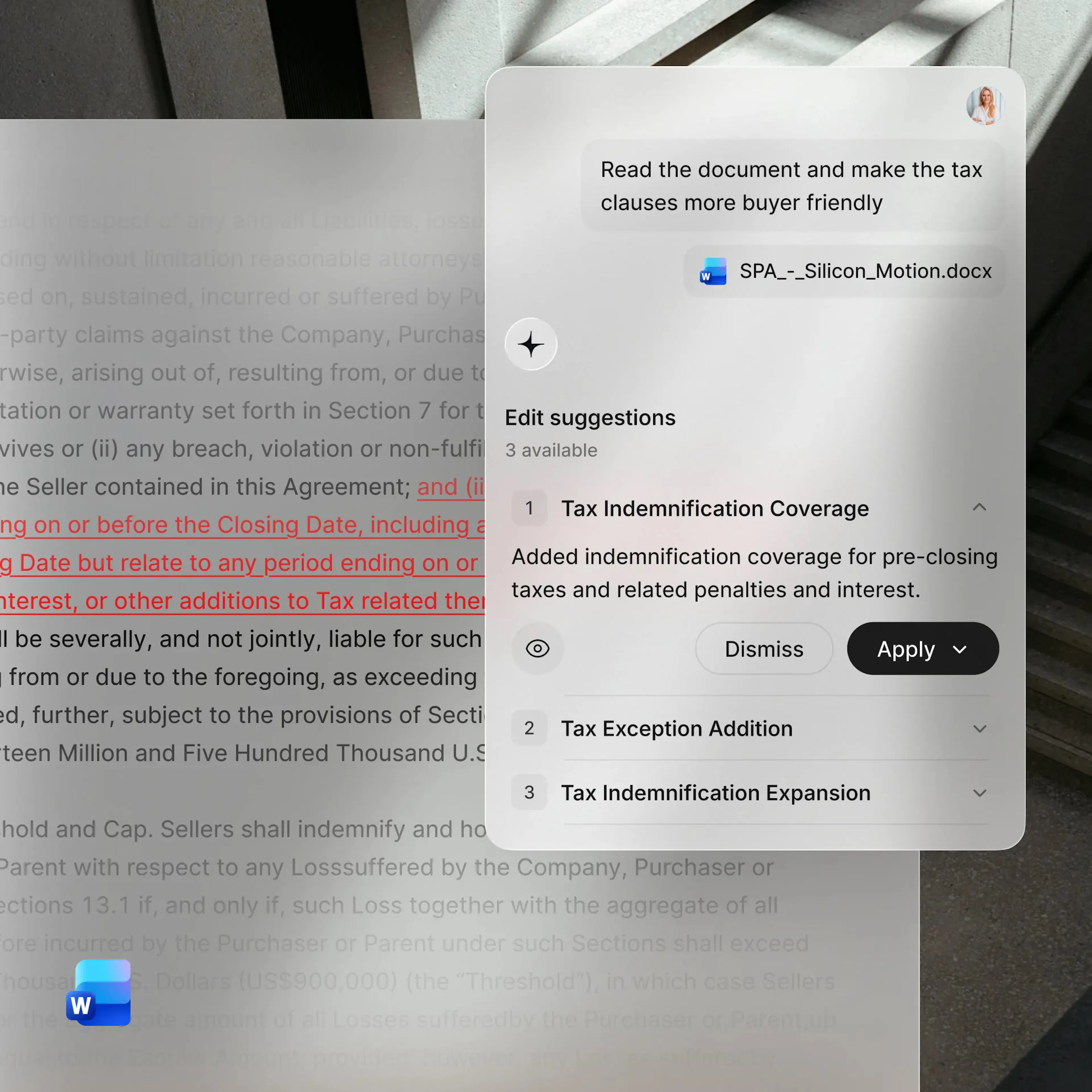 Legora's add-in running inside Microsoft Word on a share purchase agreement, asked to make the tax clauses more buyer friendly, showing three edit suggestions and tracked redlines with Dismiss and Apply controls