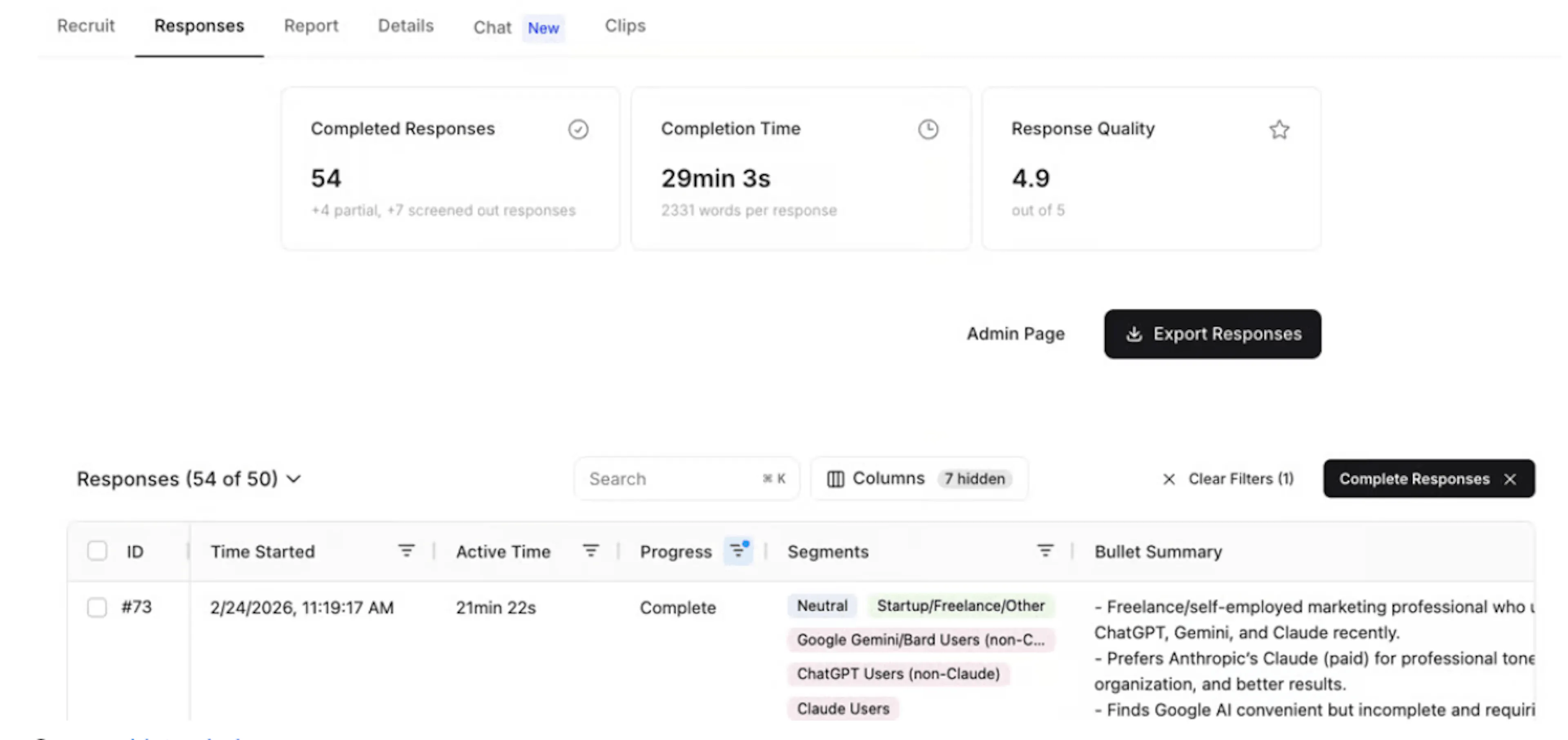 Listen Labs response rating and sorting