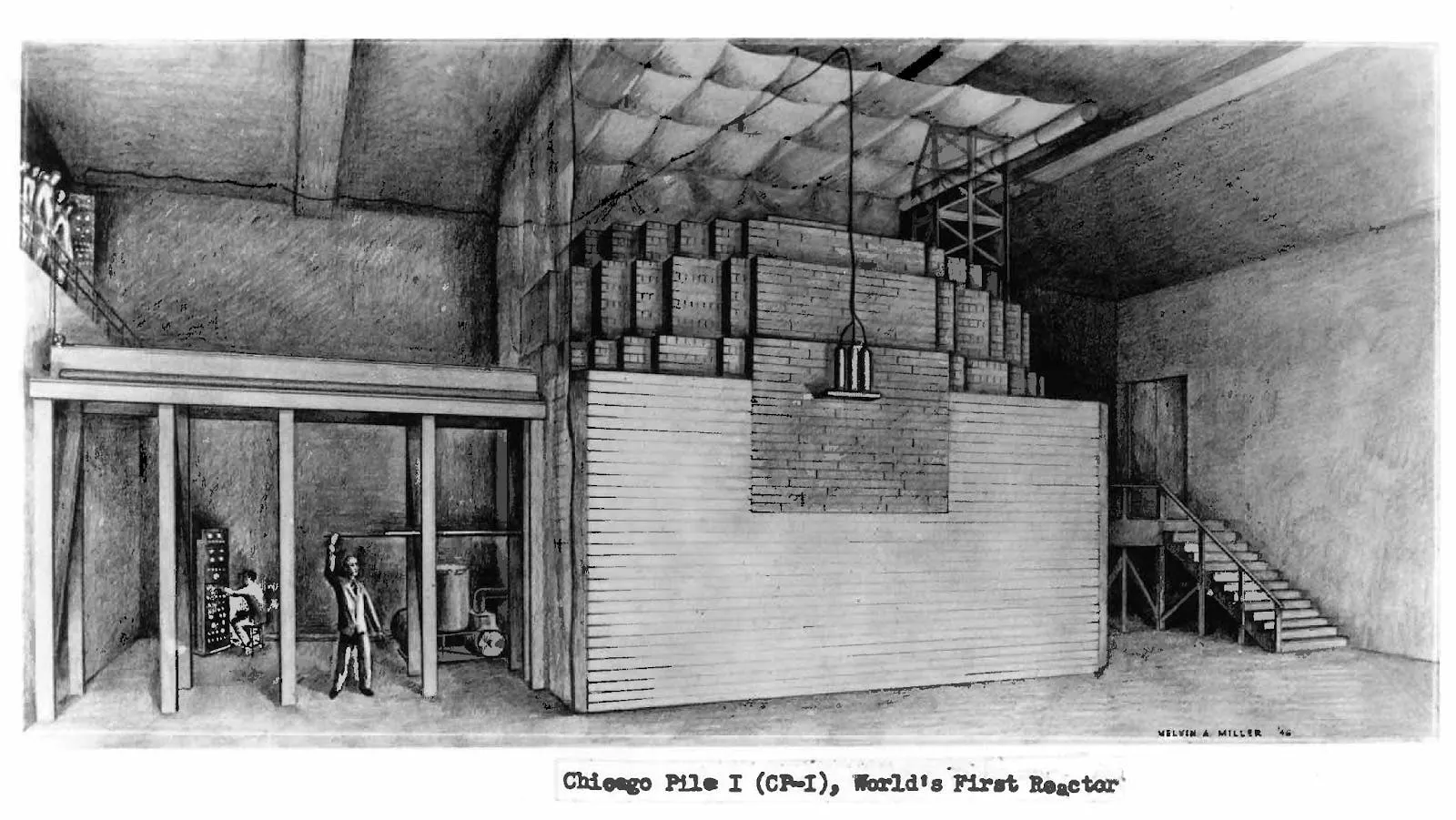 Illustration of Chicago Pile-1, the world's first reactor, a graphite block structure in a squash court with figures alongside