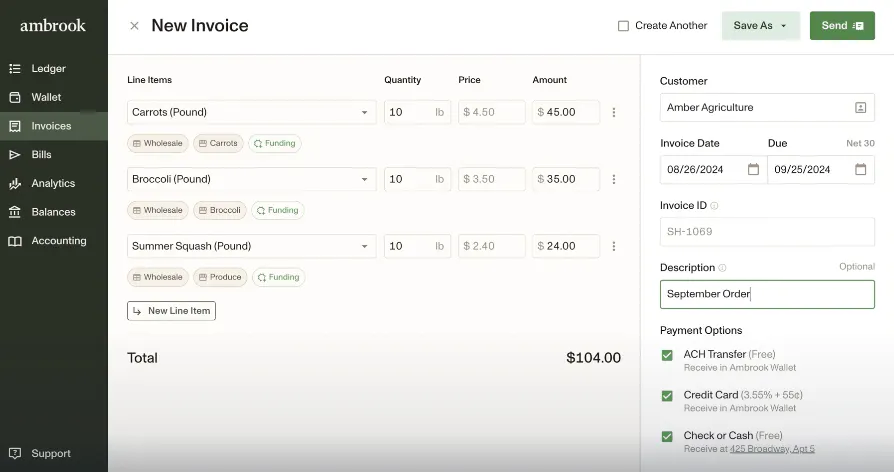 Ambrook's New Invoice form with a customer, line items for goods sold, and the payment methods the customer can use.