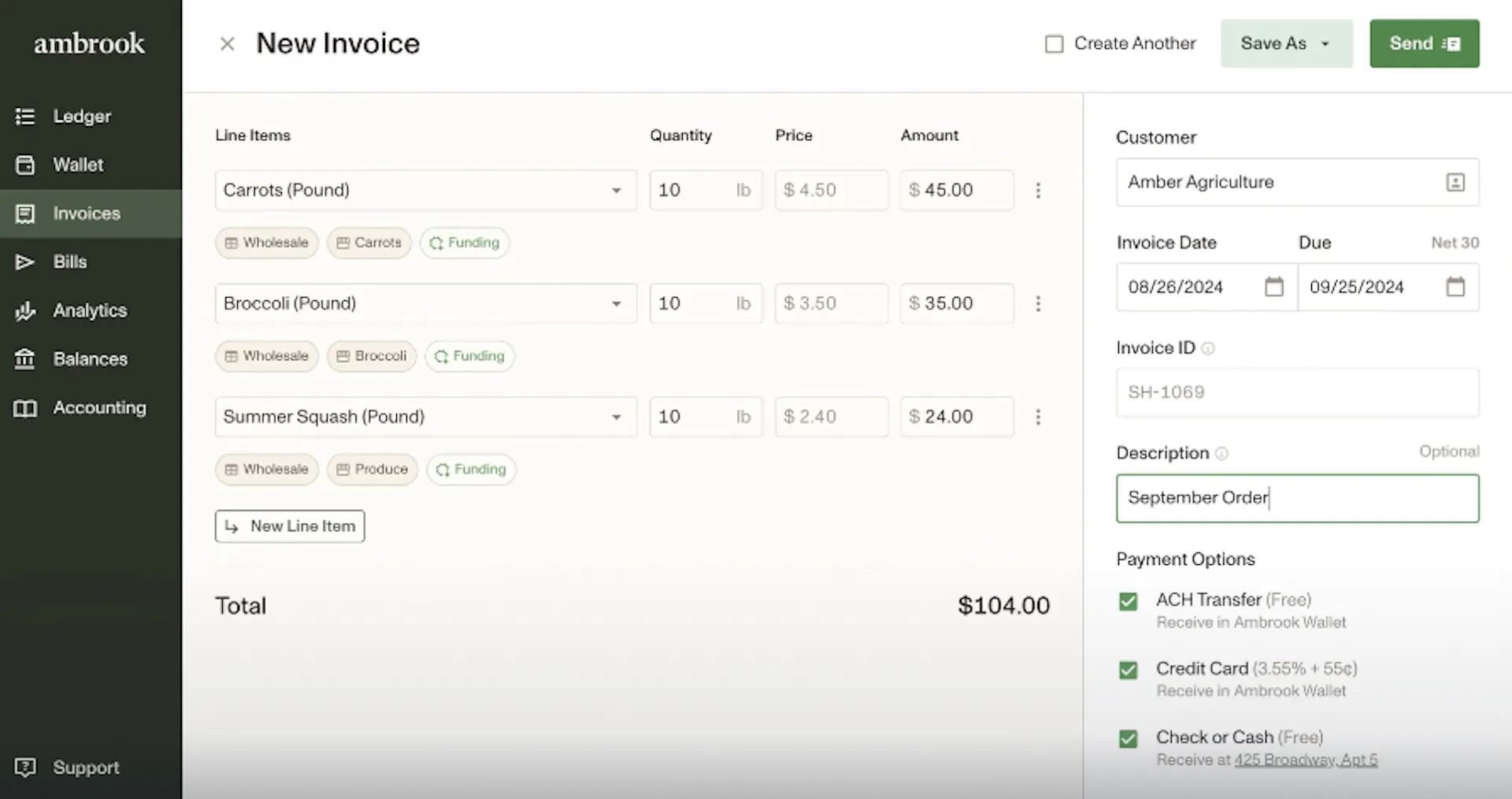 Ambrook's New Invoice form with a customer, line items for goods sold, and the payment methods the customer can use.