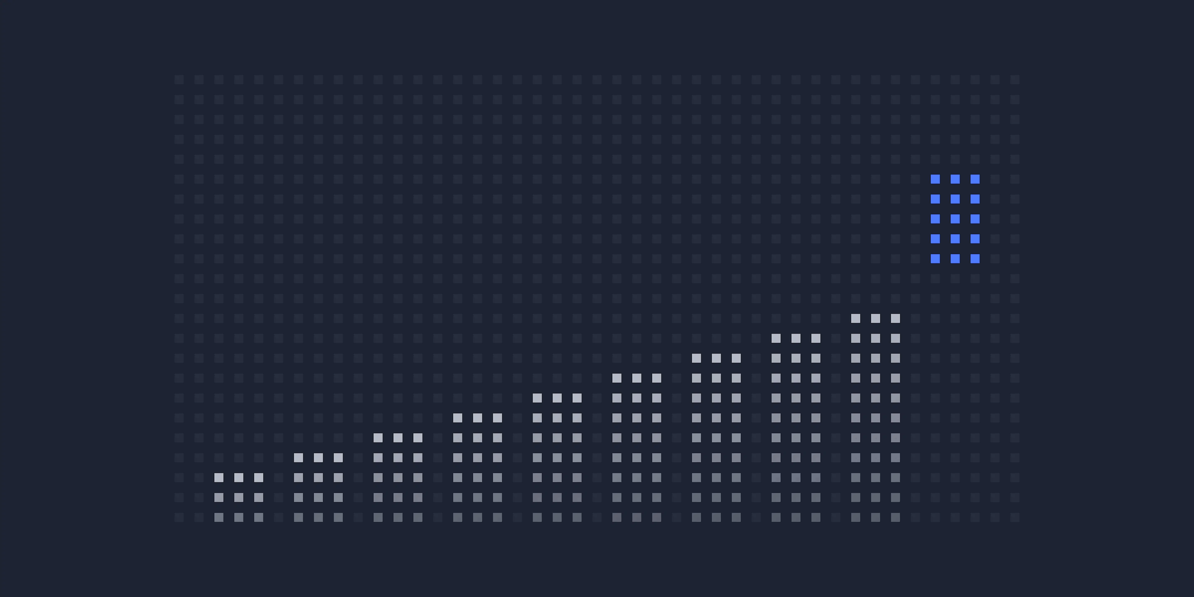 Dot-grid bar chart: rising bars, the last one blue and lifted far off the baseline
