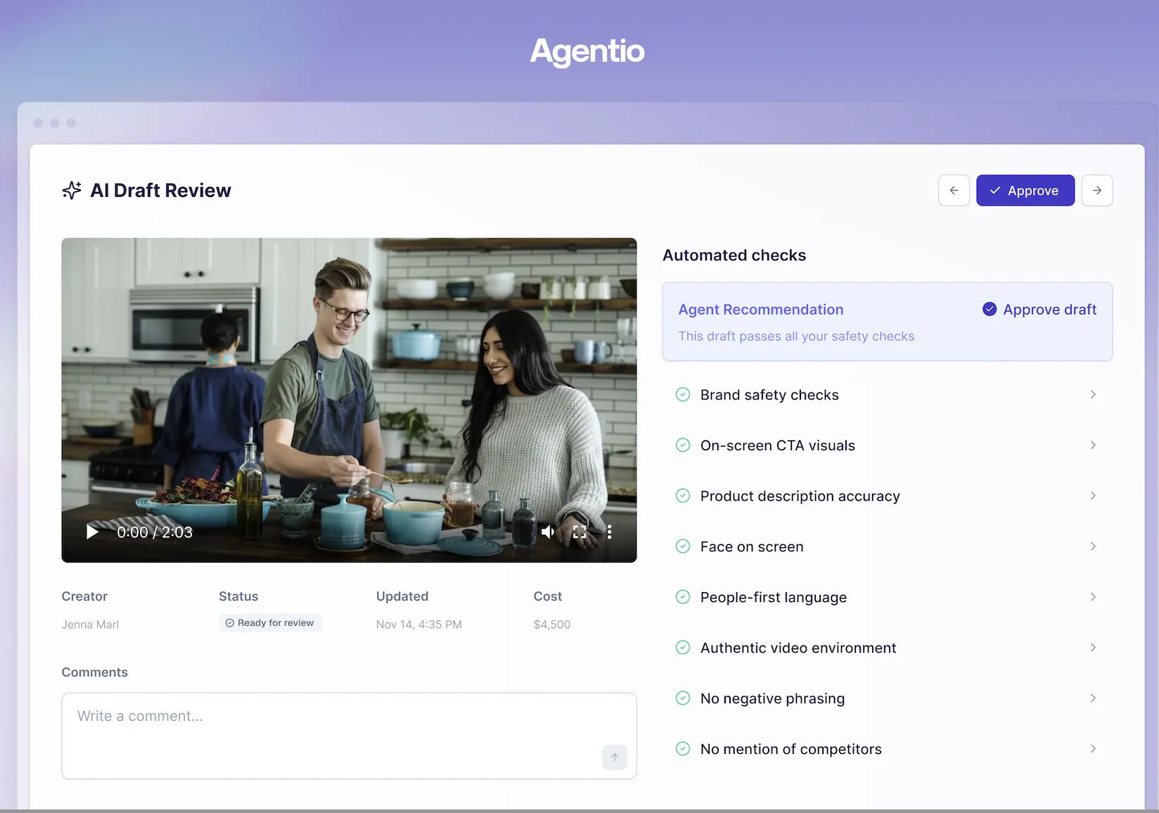 Agentio's AI draft review screen, showing an automated brand-safety checklist run against a creator's submitted video.