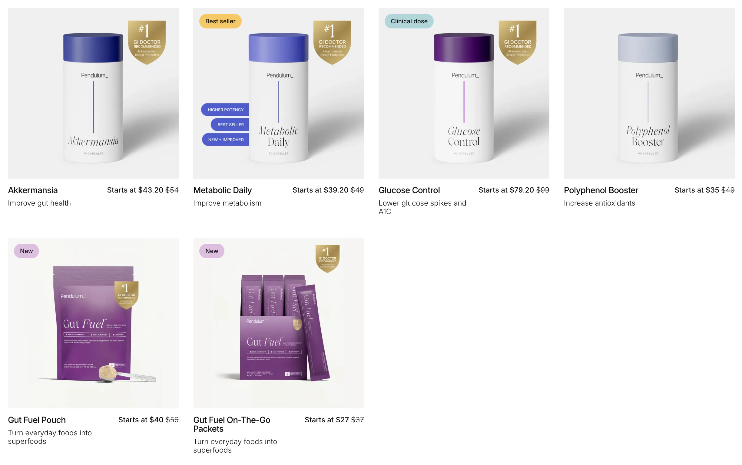 Pendulum's full product line with pricing, showing all six SKUs.