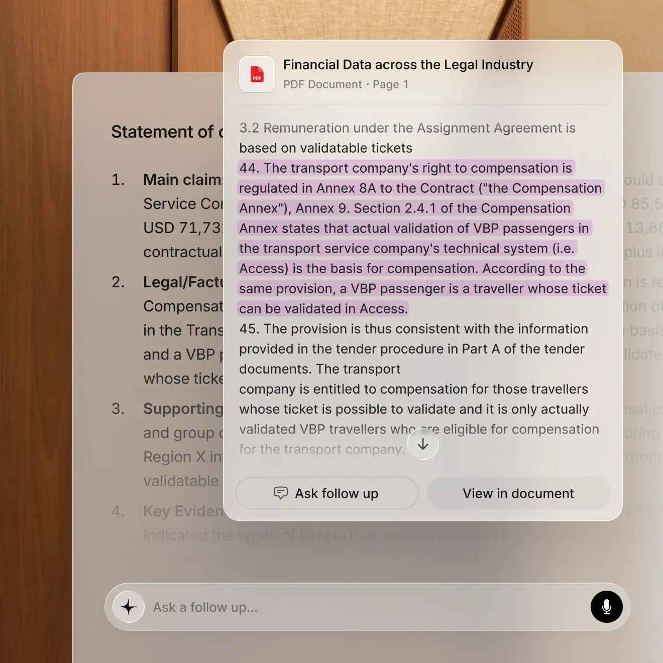 A Legora legal research answer with the source panel open on a "Financial Data across the Legal Industry" PDF, highlighting the passages the answer was drawn from, with Ask follow up and View in document buttons