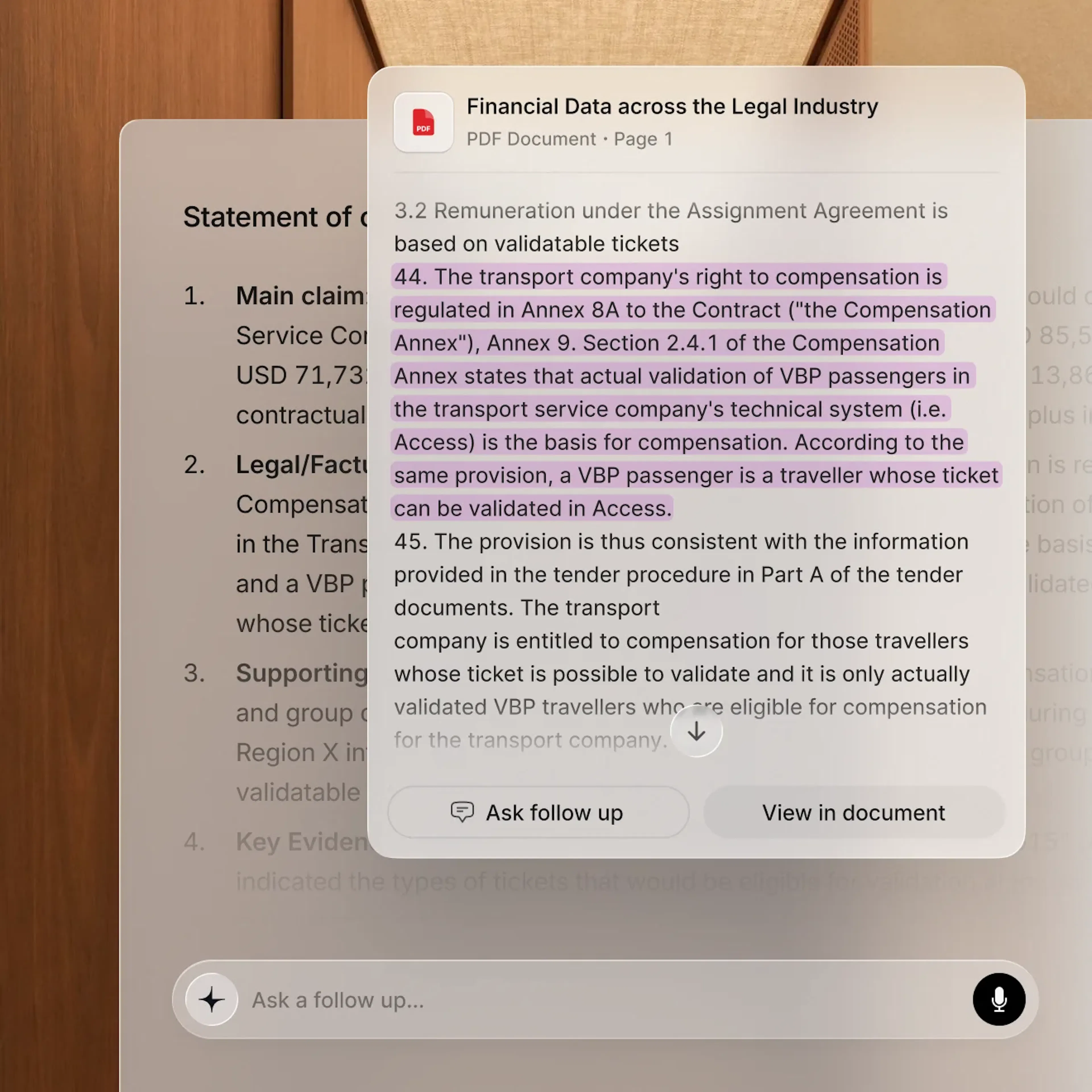 A Legora legal research answer with the source panel open on a "Financial Data across the Legal Industry" PDF, highlighting the passages the answer was drawn from, with Ask follow up and View in document buttons