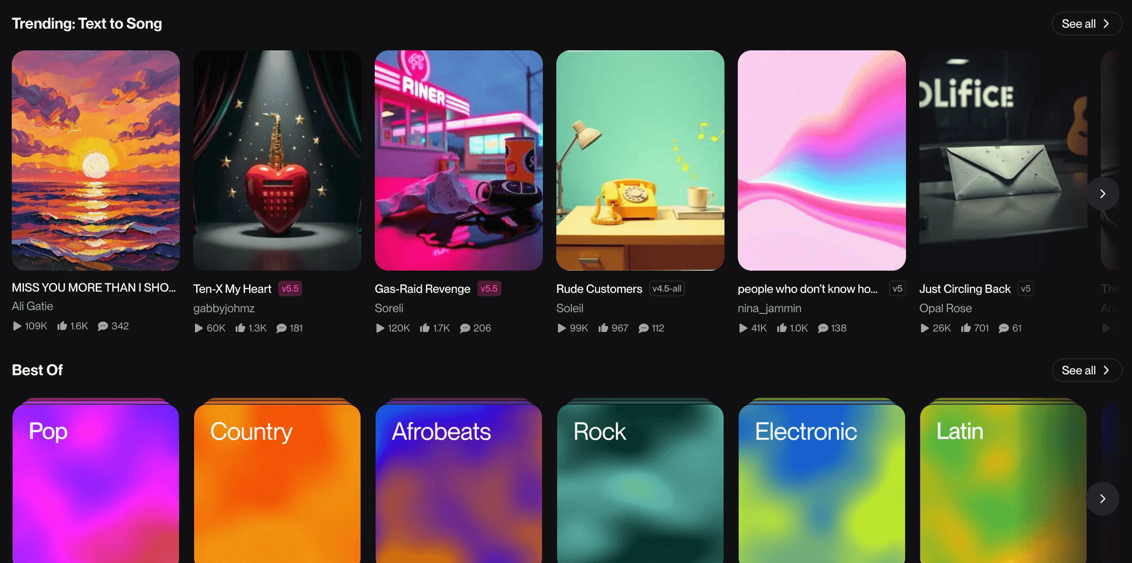 Suno music discovery page