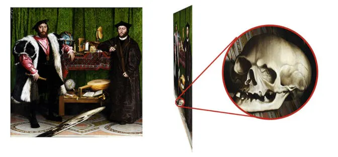 Holbein's The Ambassadors beside a detail showing its anamorphic skull resolving when viewed at an angle