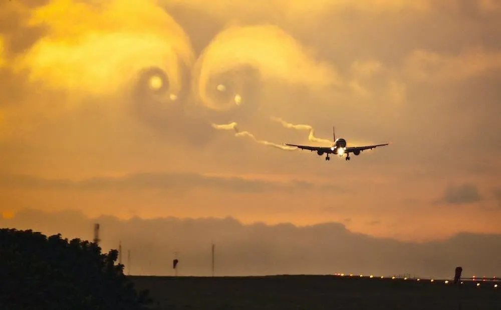 Photograph of an airliner on approach at sunset, its wingtip vortices carved visibly into golden cloud