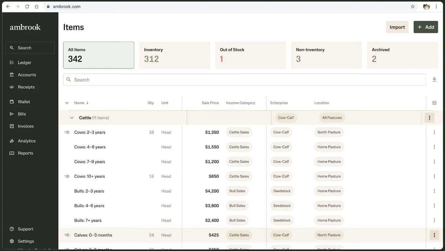 Ambrook Inventory's Items screen listing cattle by age class with head counts, sale prices and enterprise and pasture tags, showing how inventory ties to the books.