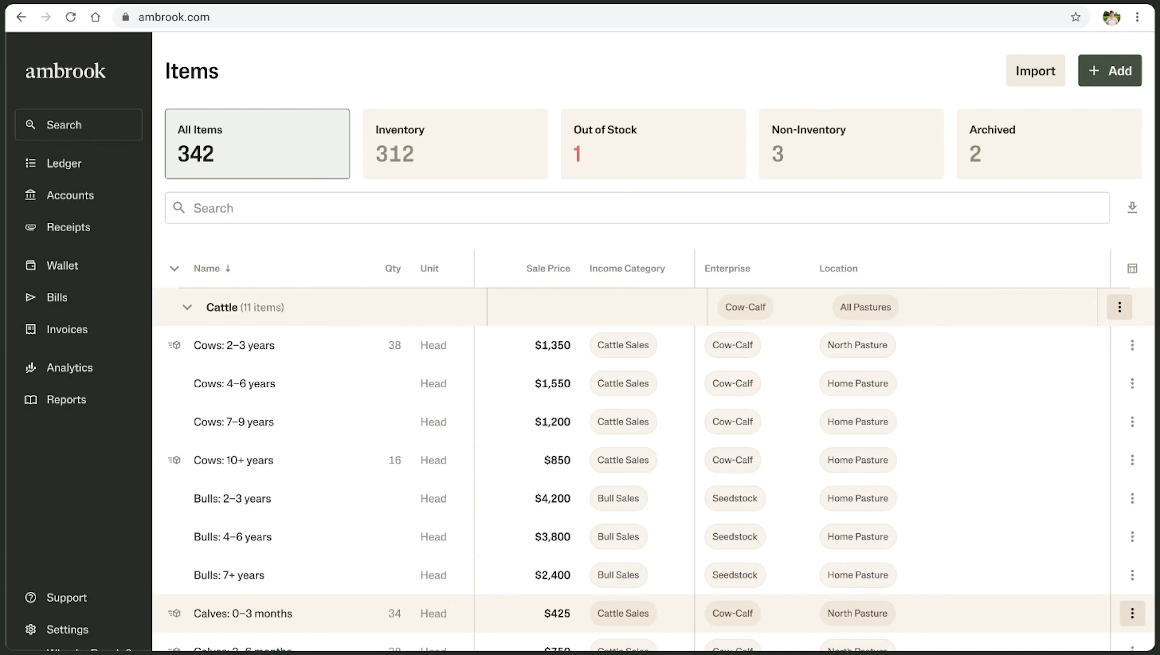 Ambrook Inventory's Items screen listing cattle by age class with head counts, sale prices and enterprise and pasture tags, showing how inventory ties to the books.