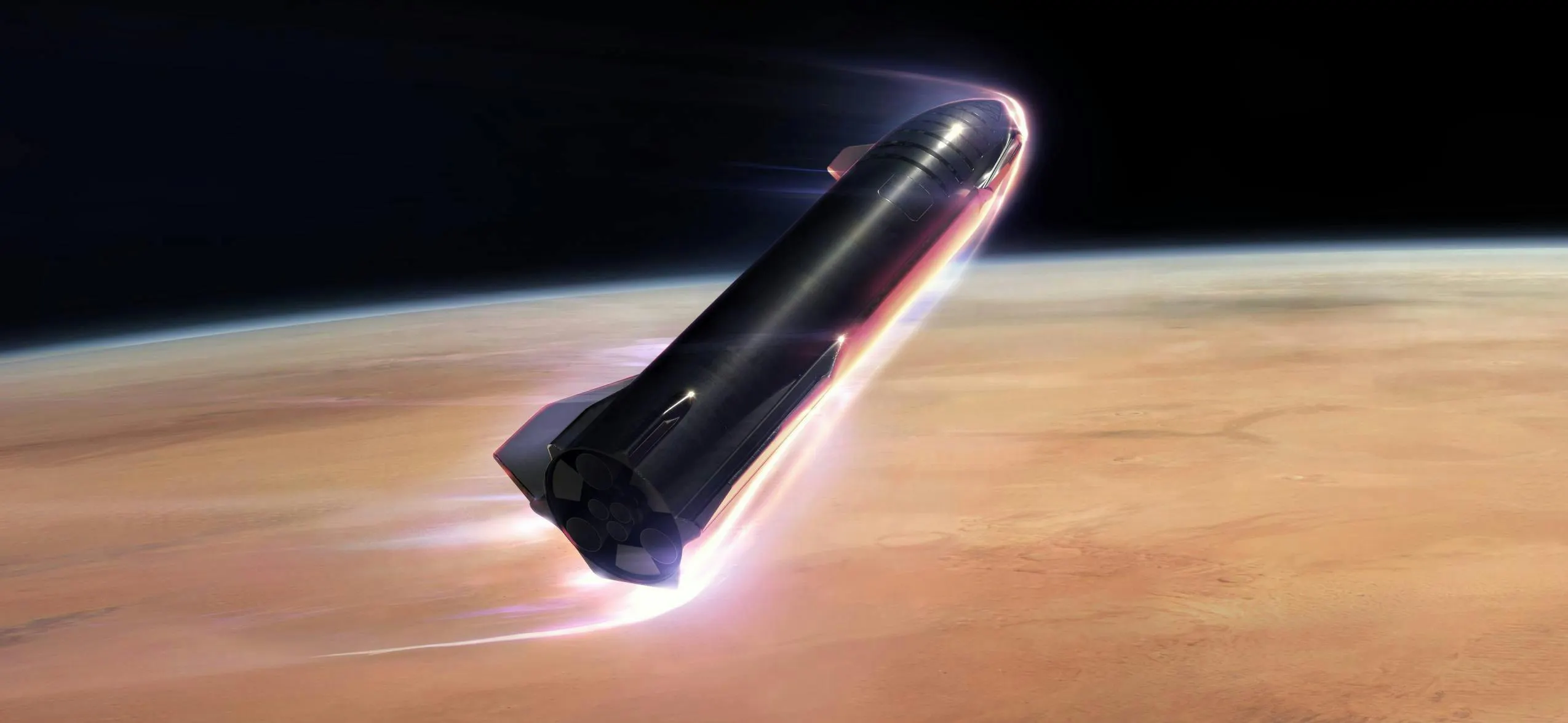 Rendering of a Starship re-entering the Martian atmosphere, its windward side glowing