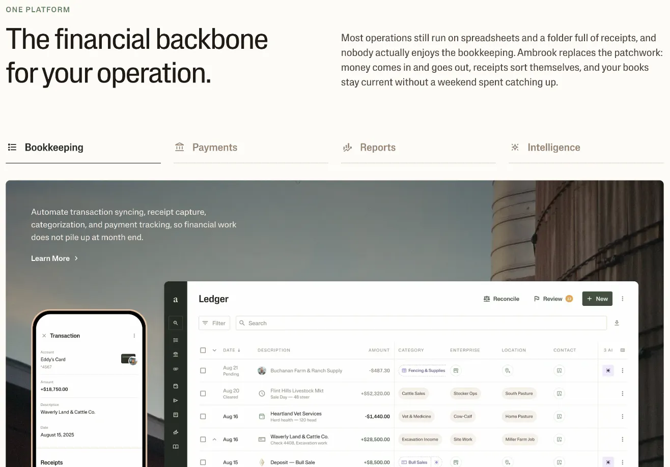 Ambrook's Platform page presents the product as one platform with four pillars, Bookkeeping, Payments, Reports and Intelligence, above a ledger view that tags each transaction by category, enterprise and location.