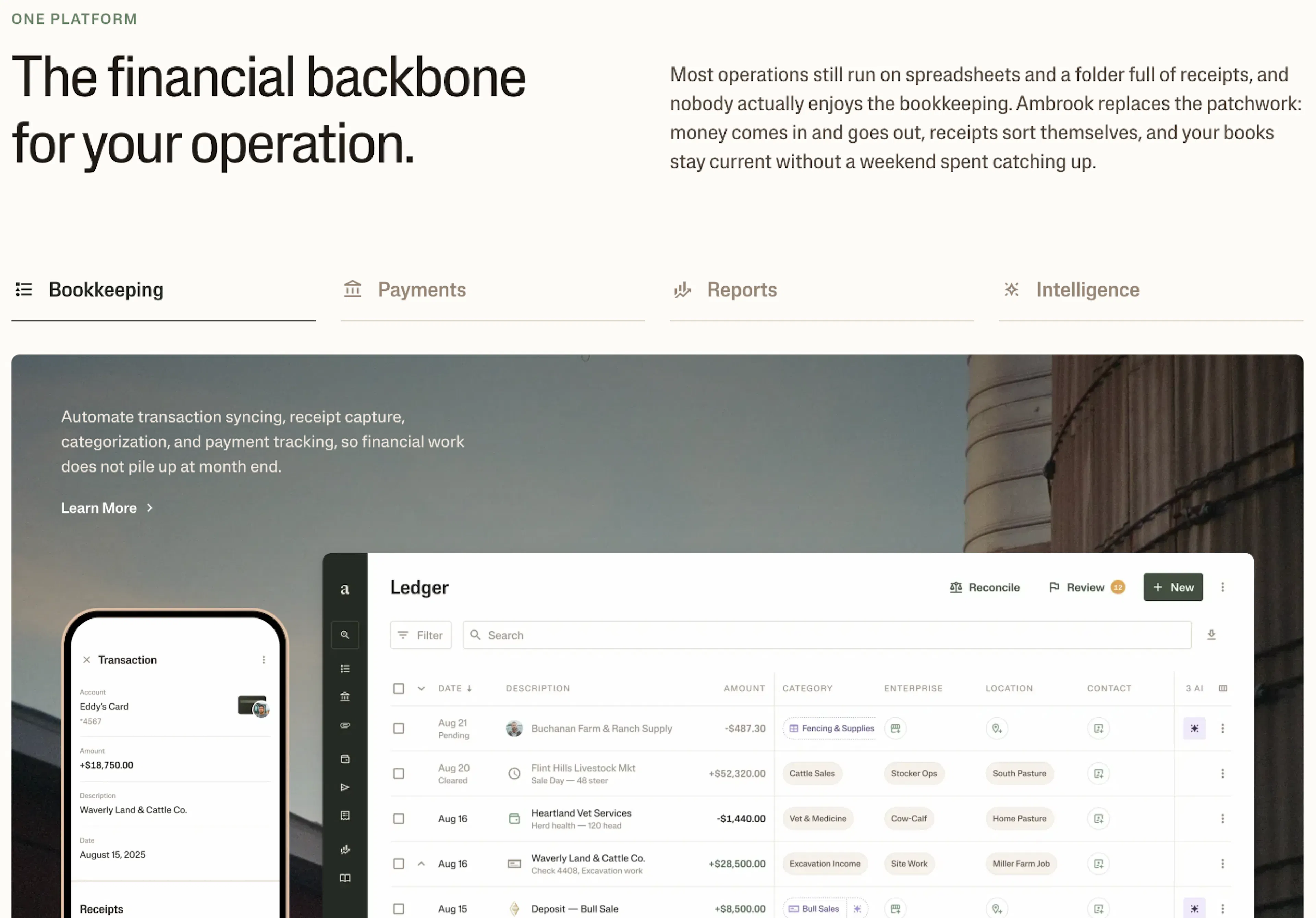 Ambrook's Platform page presents the product as one platform with four pillars, Bookkeeping, Payments, Reports and Intelligence, above a ledger view that tags each transaction by category, enterprise and location.