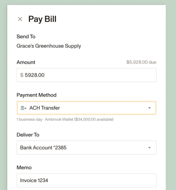 Ambrook's Pay Bill window for a single vendor bill, with options to pay by ACH or mailed check from the Wallet and to schedule the payment date.