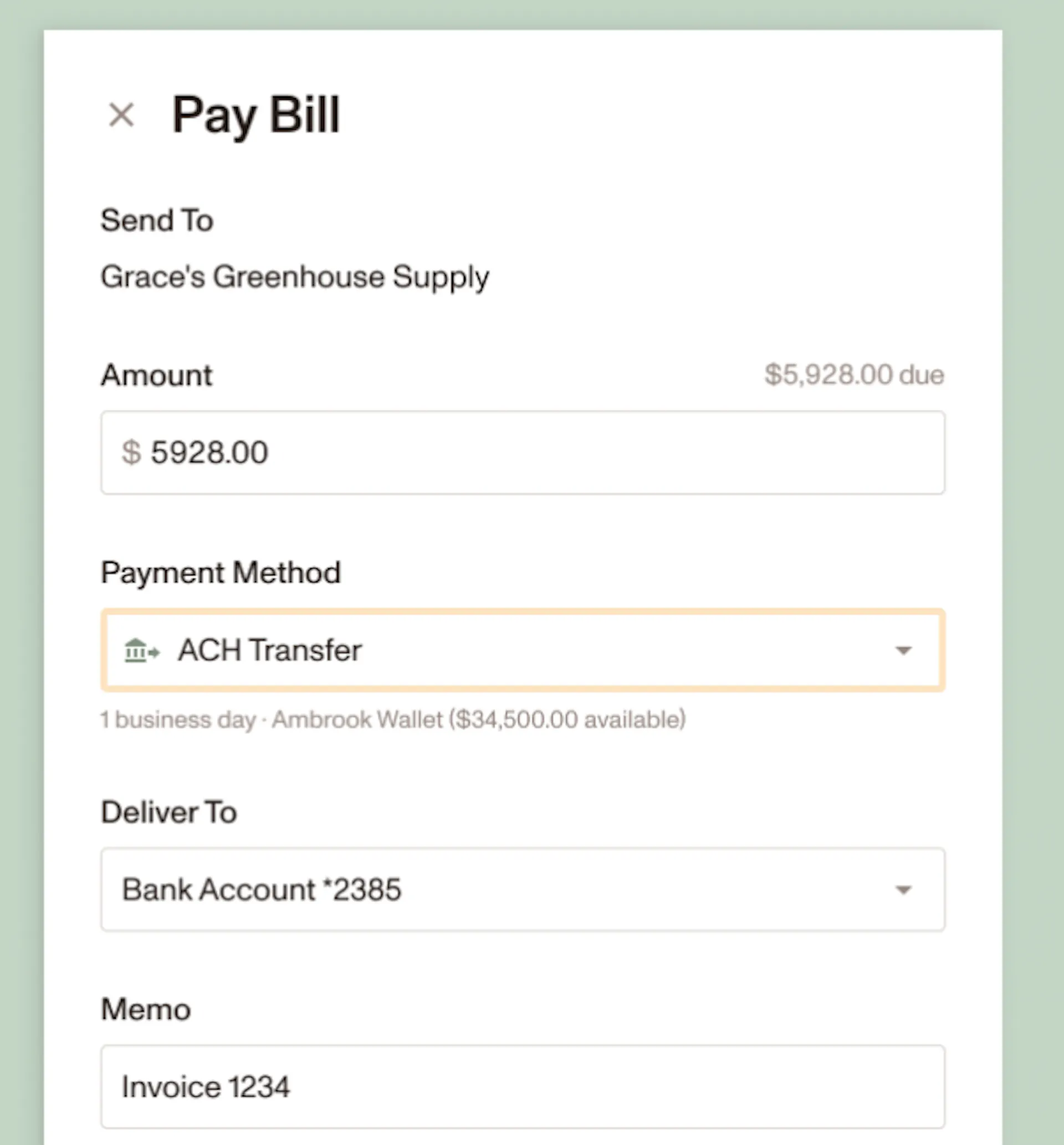 Ambrook's Pay Bill window for a single vendor bill, with options to pay by ACH or mailed check from the Wallet and to schedule the payment date.