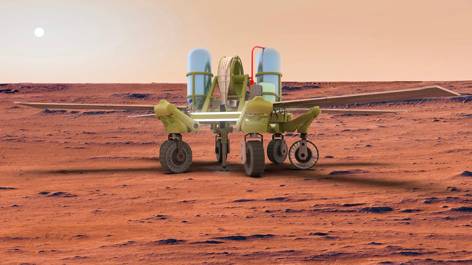 Rendering of a solar-powered aircraft standing on the Martian surface
