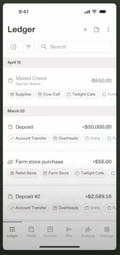 Ambrook's mobile app showing the ledger on a phone, with recent transactions and their category tags.