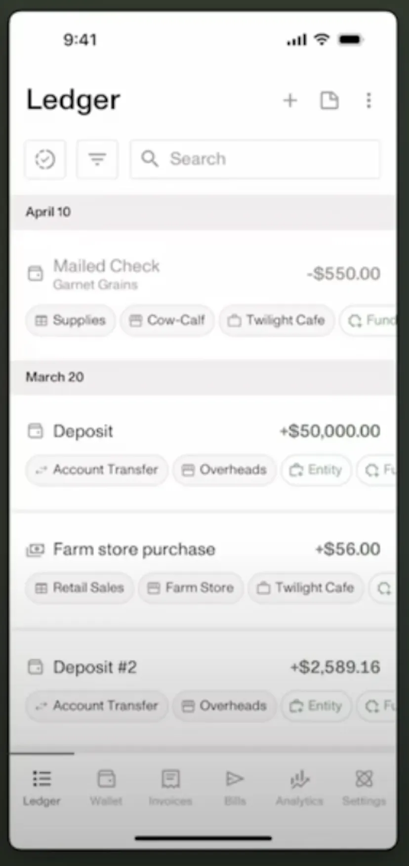 Ambrook's mobile app showing the ledger on a phone, with recent transactions and their category tags.