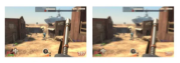 Two side-by-side game views forming a stereoscopic pair for a head-mounted display
