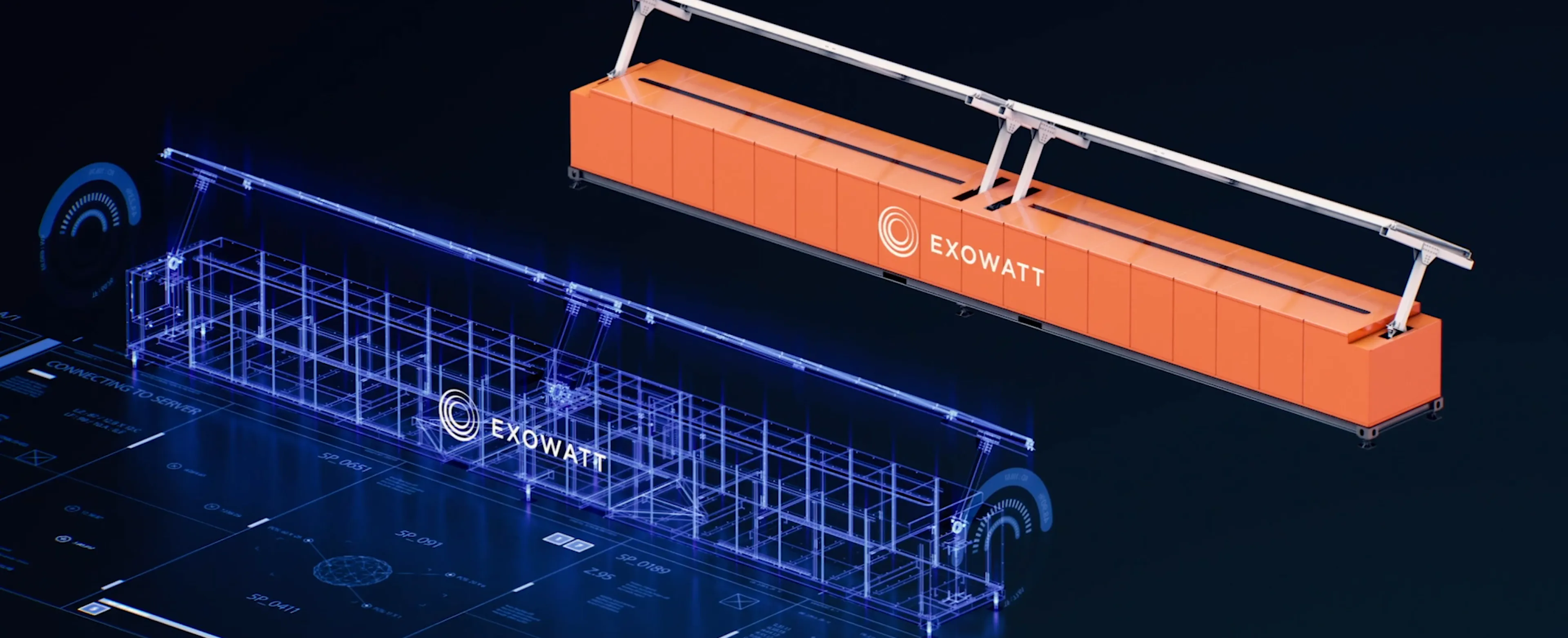 Exowatt's digital twin, showing a wireframe virtual model of a P3 module beside the physical unit