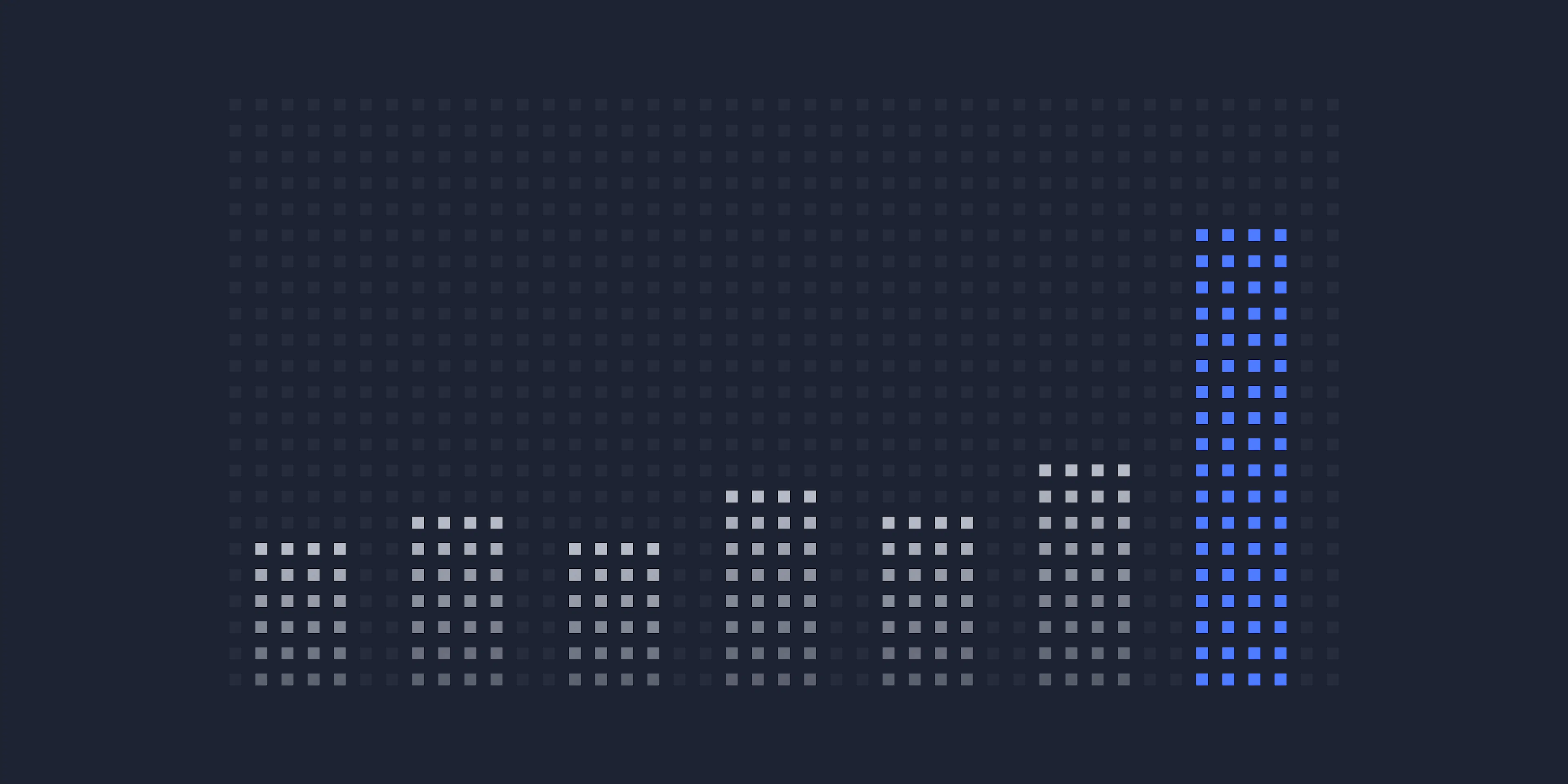 Dot-grid bar chart: six even grey bars and a final blue bar about twice as tall