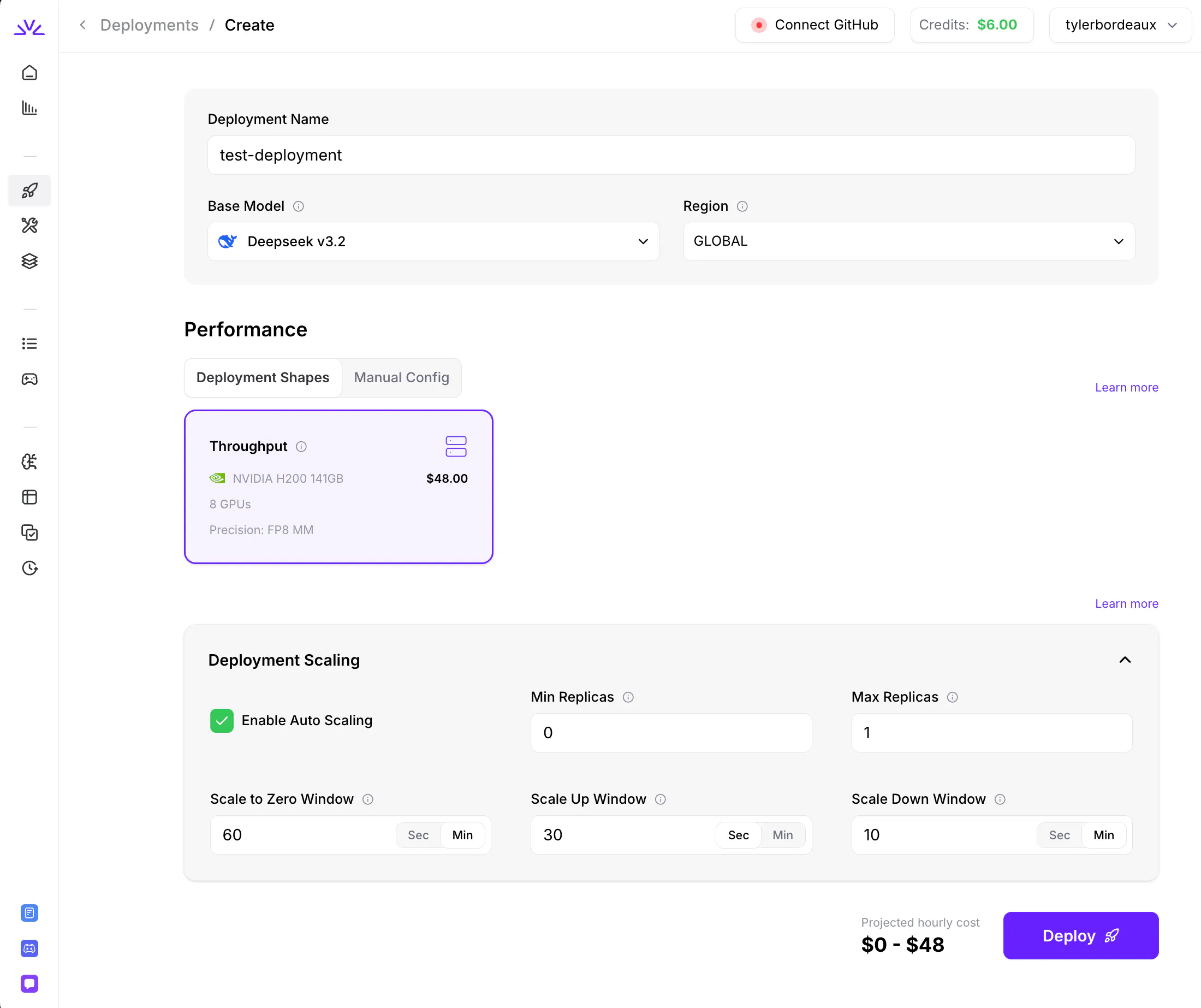 Fireworks AI deployment configuration screen for launching an AI model