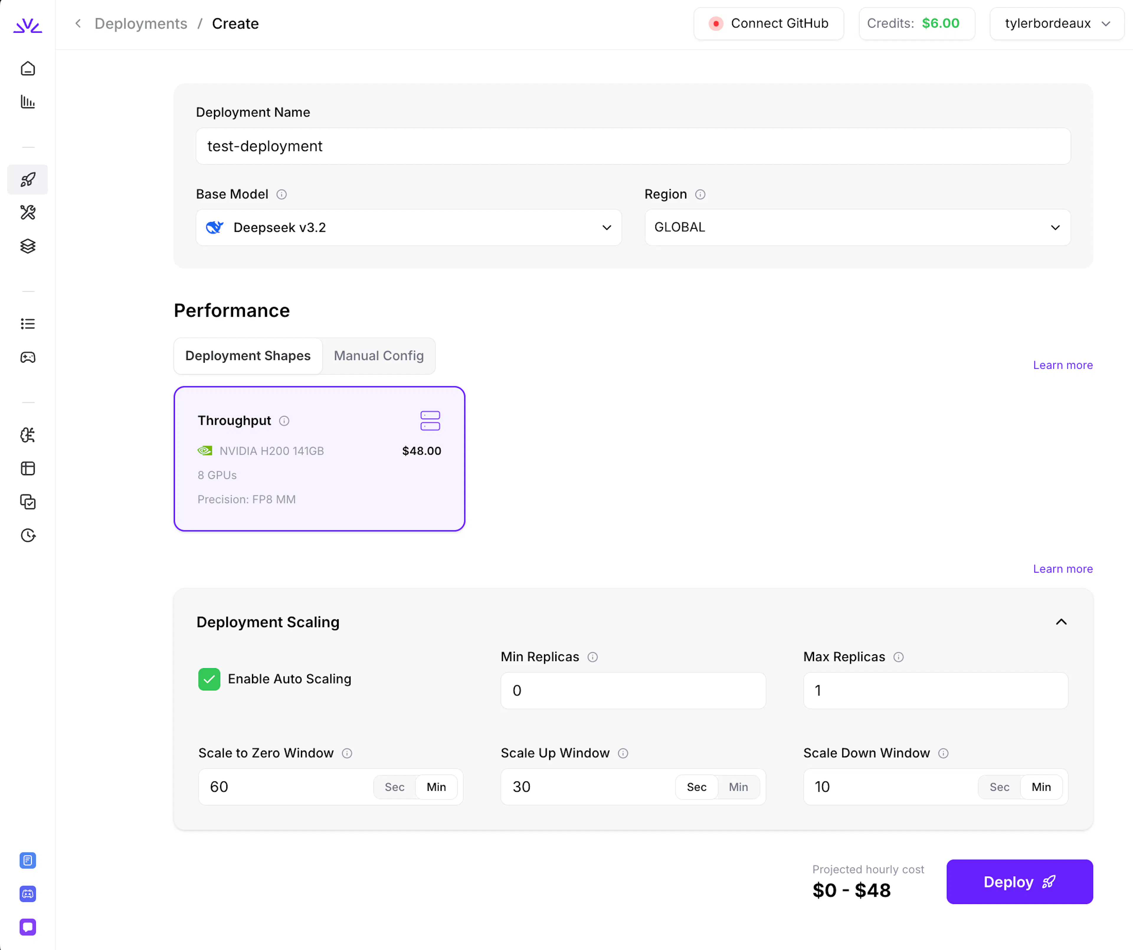 Fireworks AI deployment configuration screen for launching an AI model 