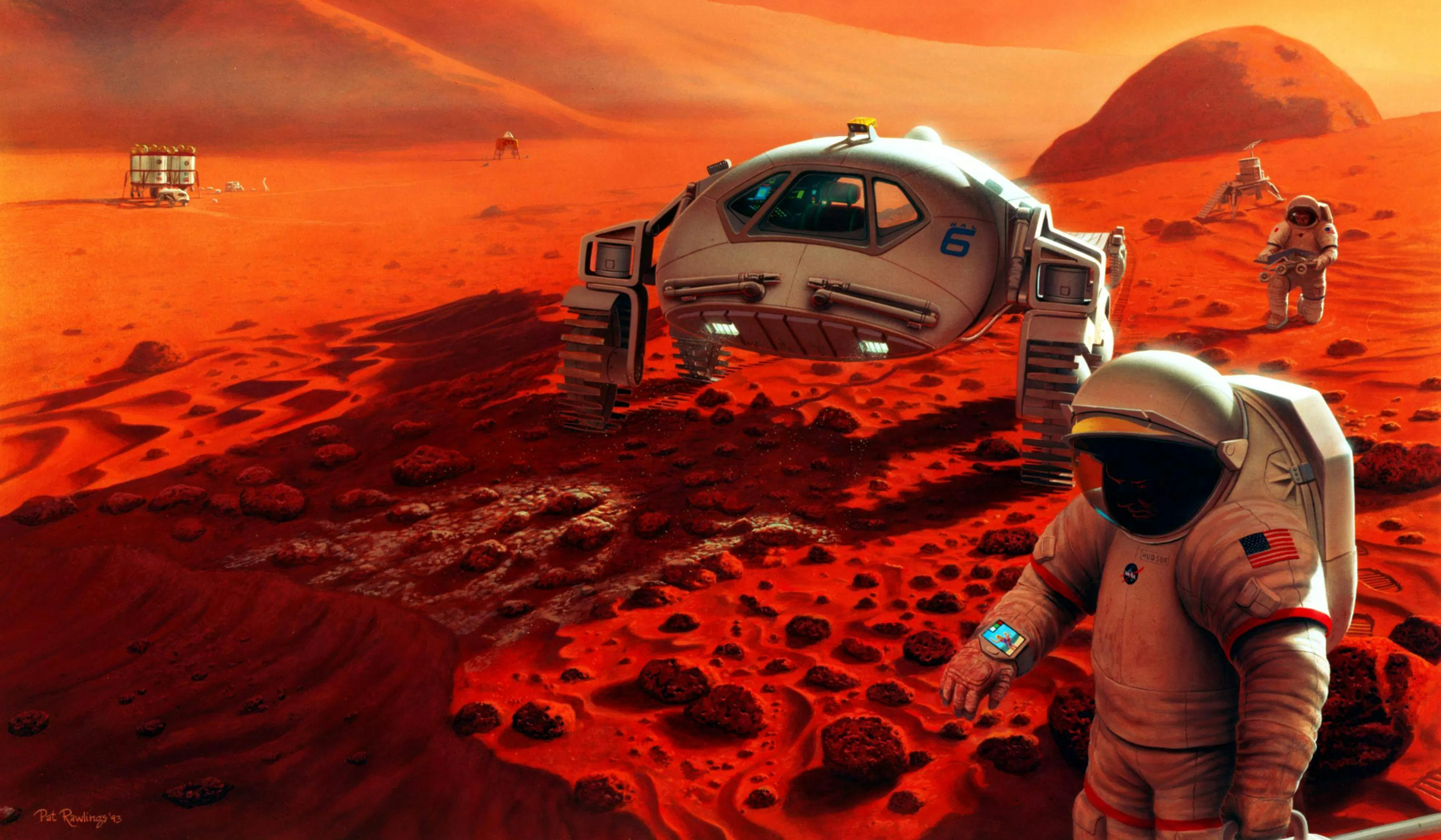 Illustration of astronauts beside a pressurised rover on Mars, habitat modules in the distance