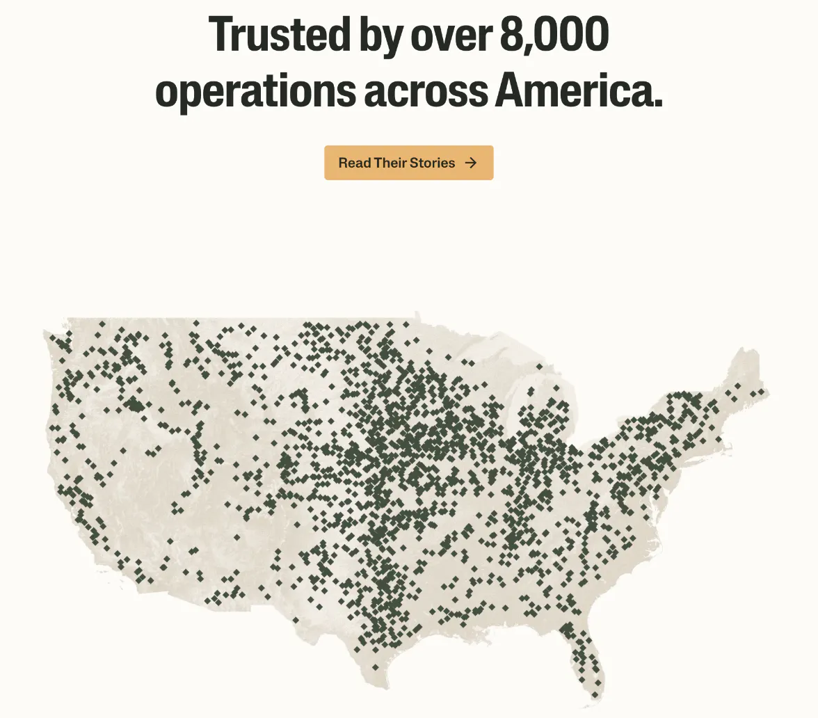 Ambrook's homepage map of customer locations across the continental US under the claim that more than 8K operations use the product, as of October 2026.